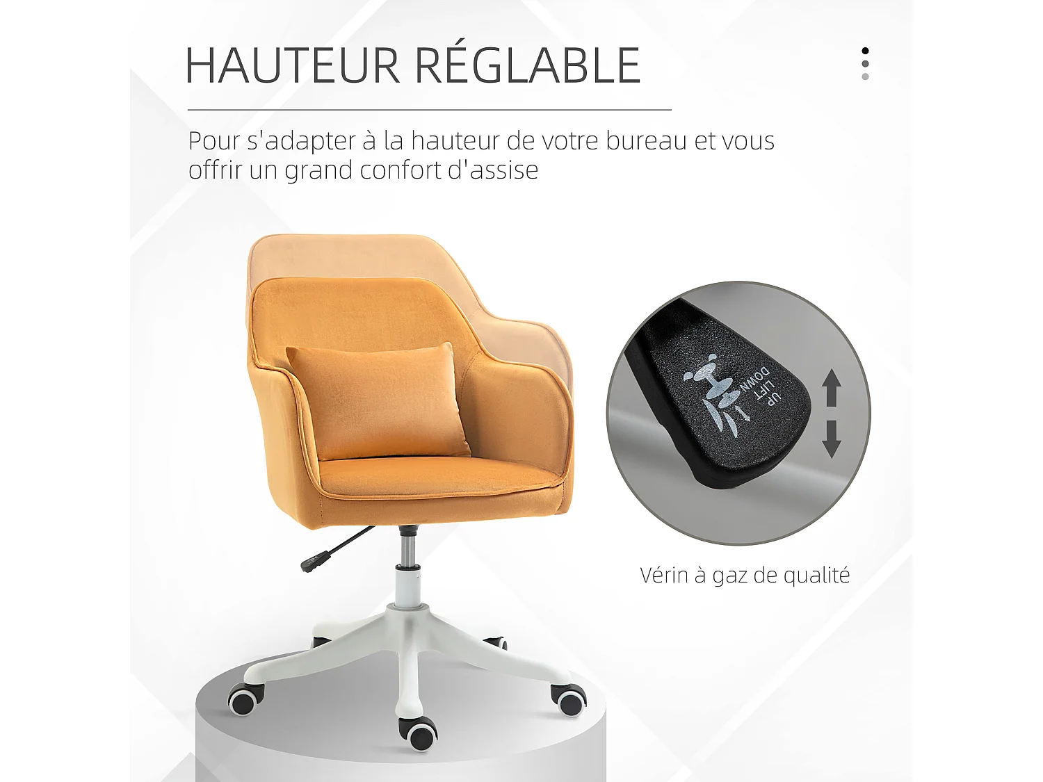 Chaise de bureau velours fauteuil bureau massant coussin lombaire intégré hauteur réglable pivotante 360° jaune