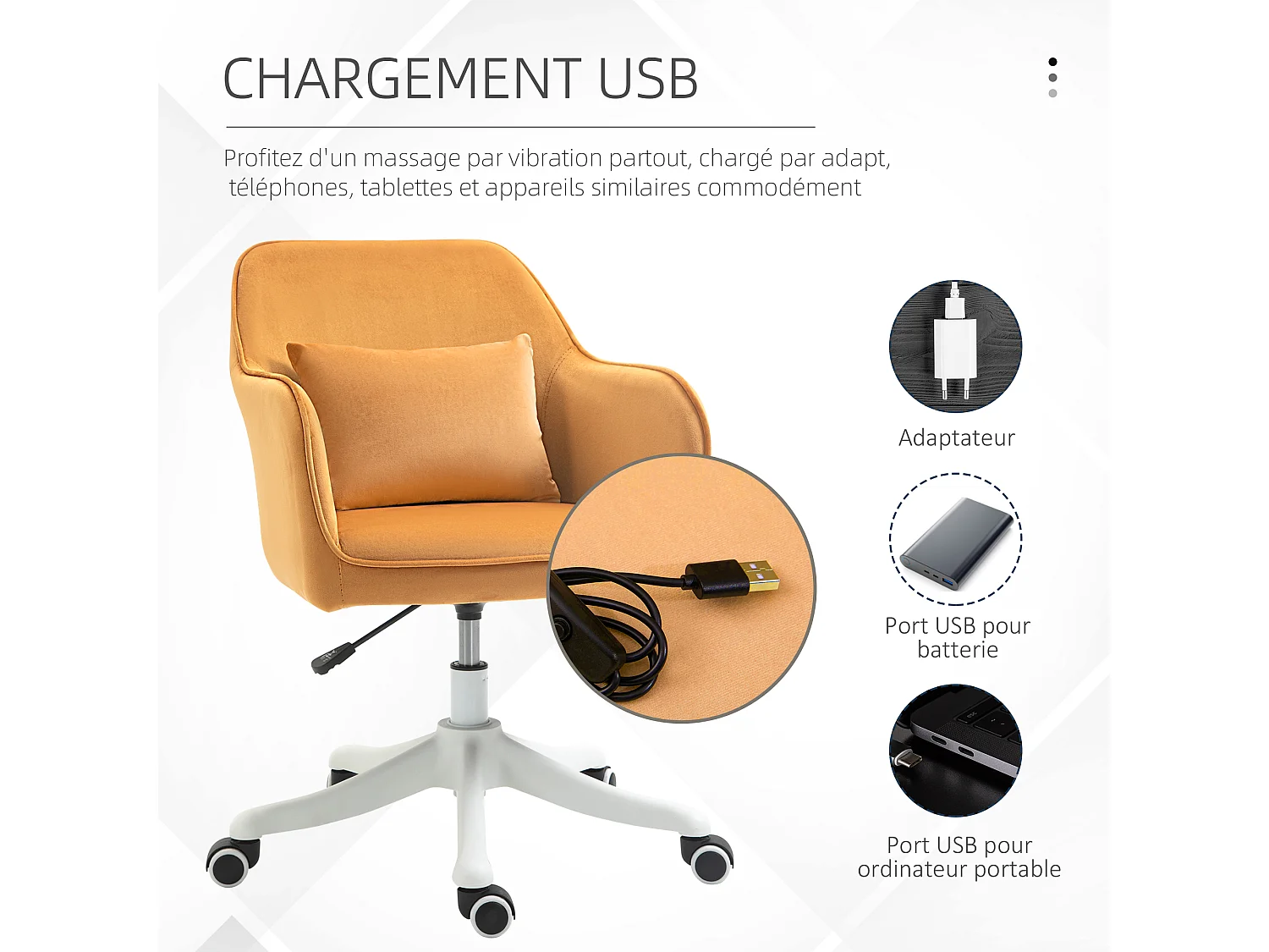 Chaise de bureau velours fauteuil bureau massant coussin lombaire intégré hauteur réglable pivotante 360° jaune