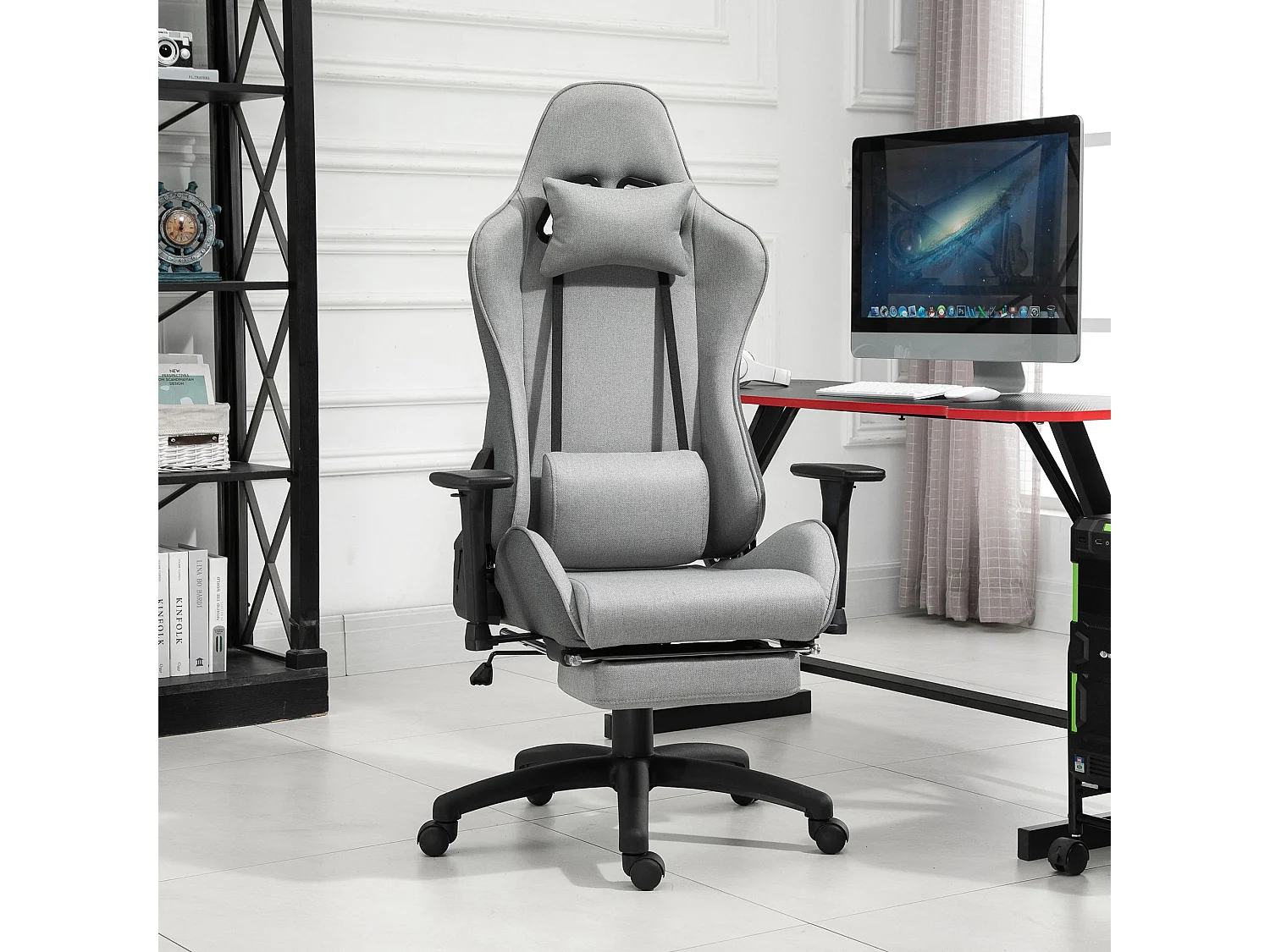 Vinsetto Fauteuil de bureau manager grand confort repose-pied tétière + coussin lombaires intégrés dossier inclinable accoudoirs réglables lin gris