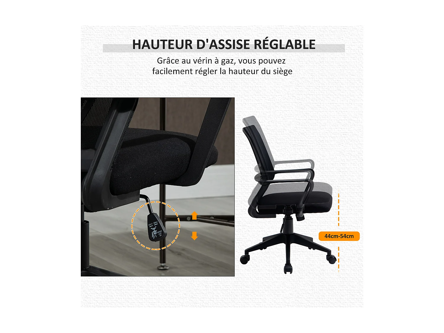 Vinsetto chaise de bureau ergonomique réglable pivotante 360° avec fonction à bascule verrouillable maille polyester noir