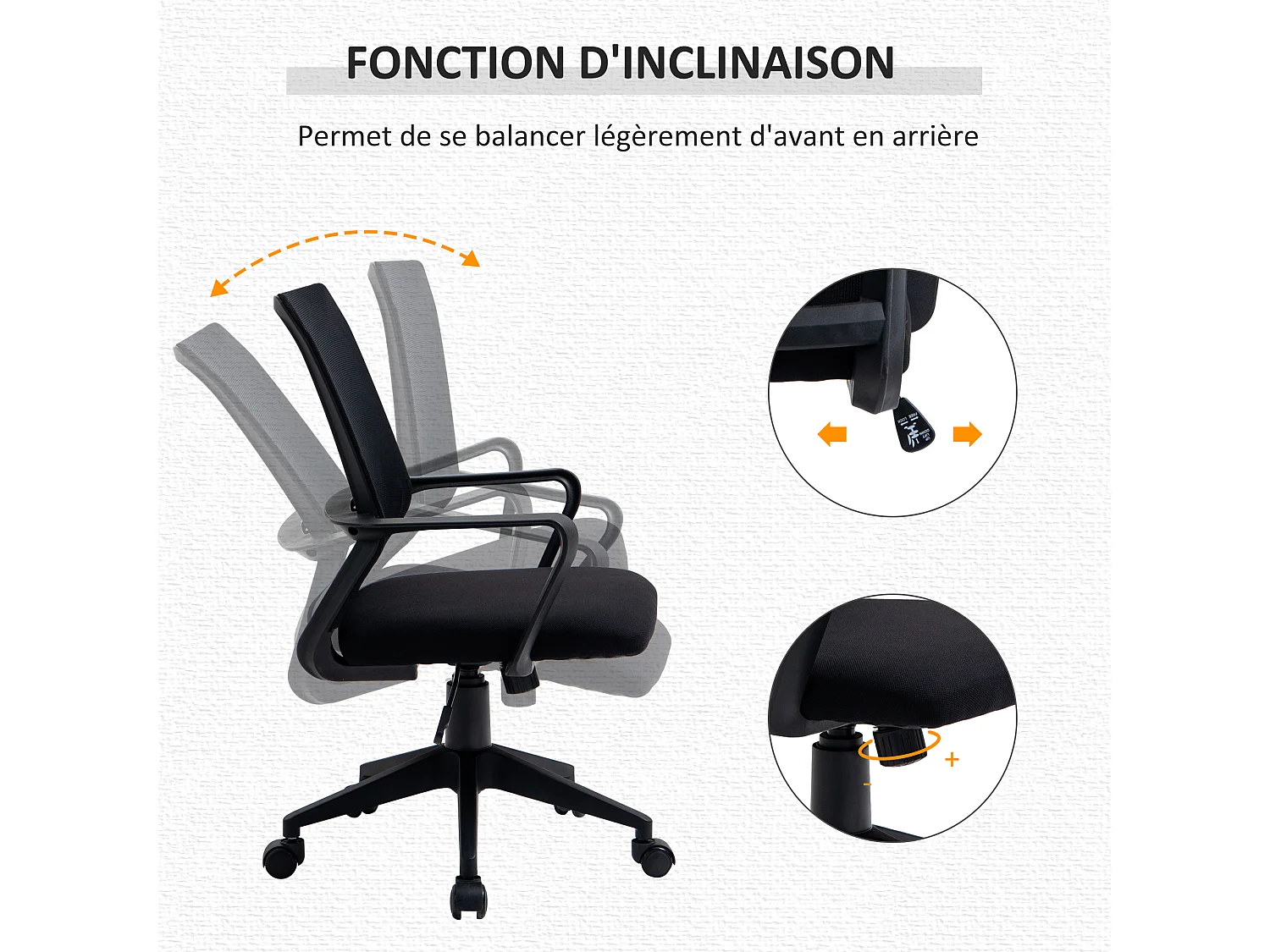 Vinsetto chaise de bureau ergonomique réglable pivotante 360° avec fonction à bascule verrouillable maille polyester noir