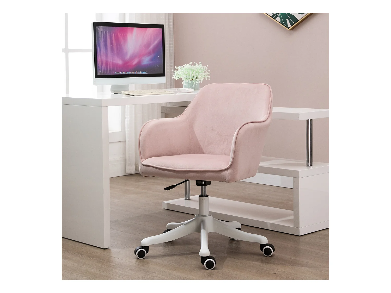 Chaise de bureau velours fauteuil bureau massant coussin lombaire intégré hauteur réglable pivotante 360° rose poudré
