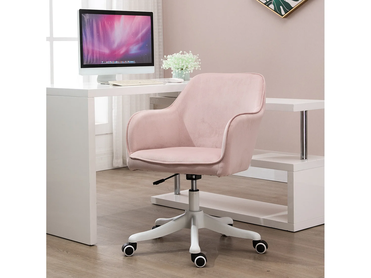 Chaise de bureau velours fauteuil bureau massant coussin lombaire intégré hauteur réglable pivotante 360° rose poudré