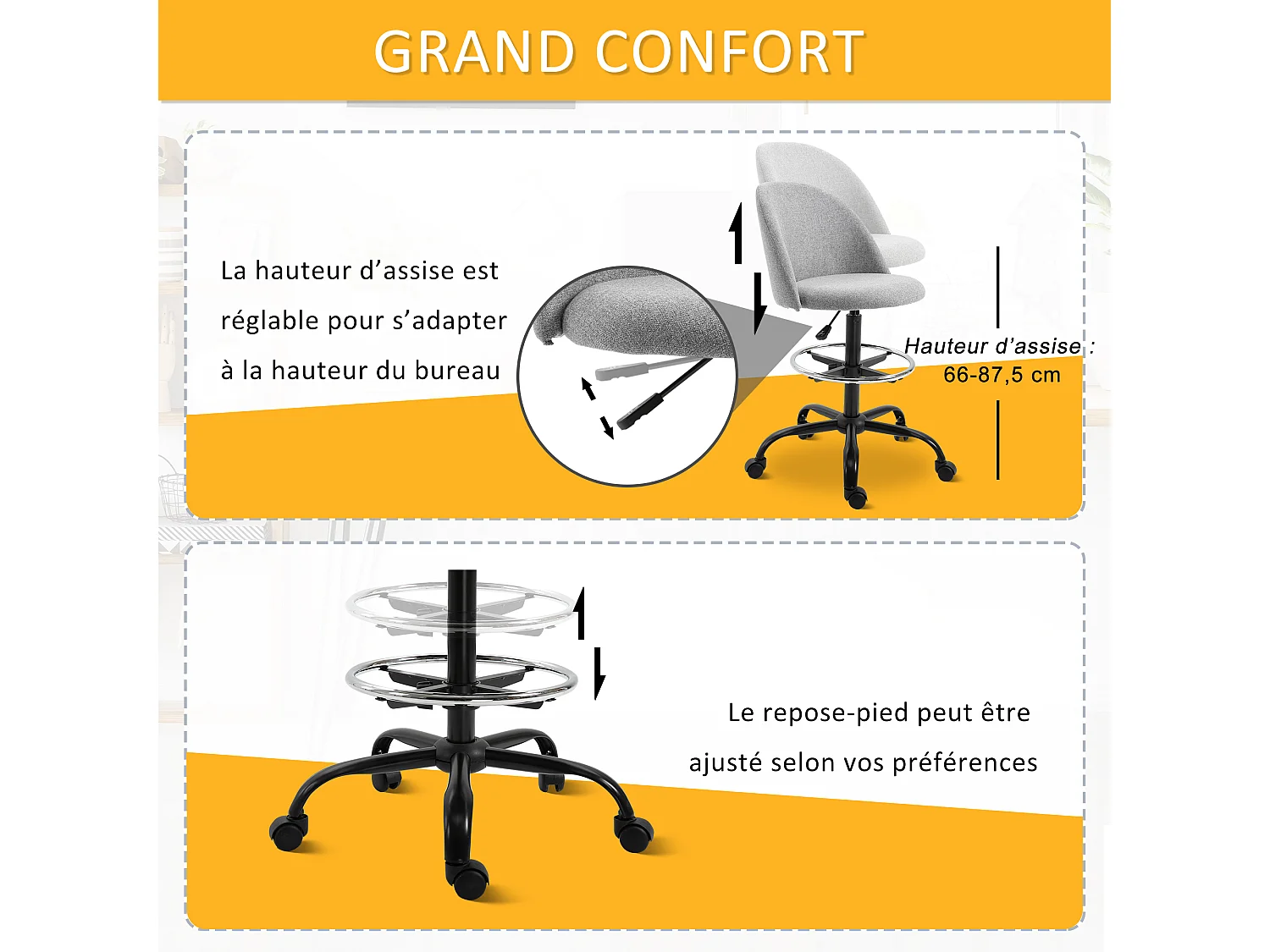Vinsetto Chaise de bureau assise haute réglable 103-123H cm pivotant 360° lin gris