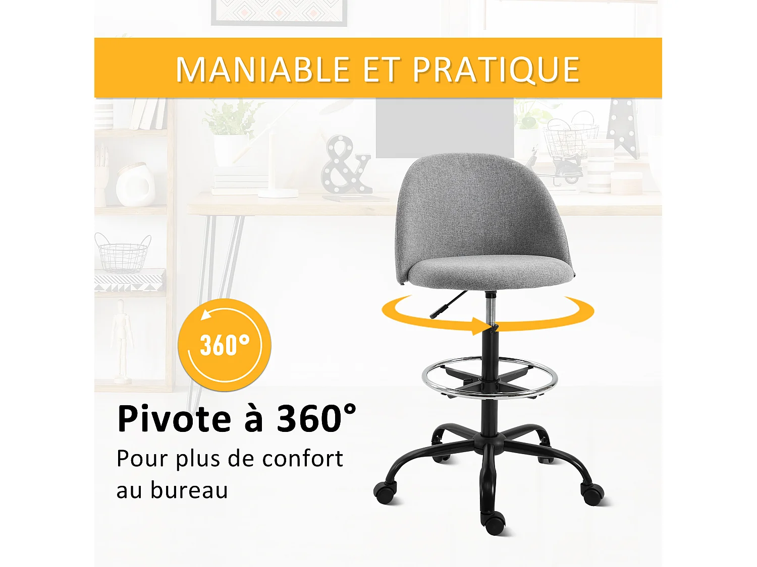Vinsetto Chaise de bureau assise haute réglable 103-123H cm pivotant 360° lin gris