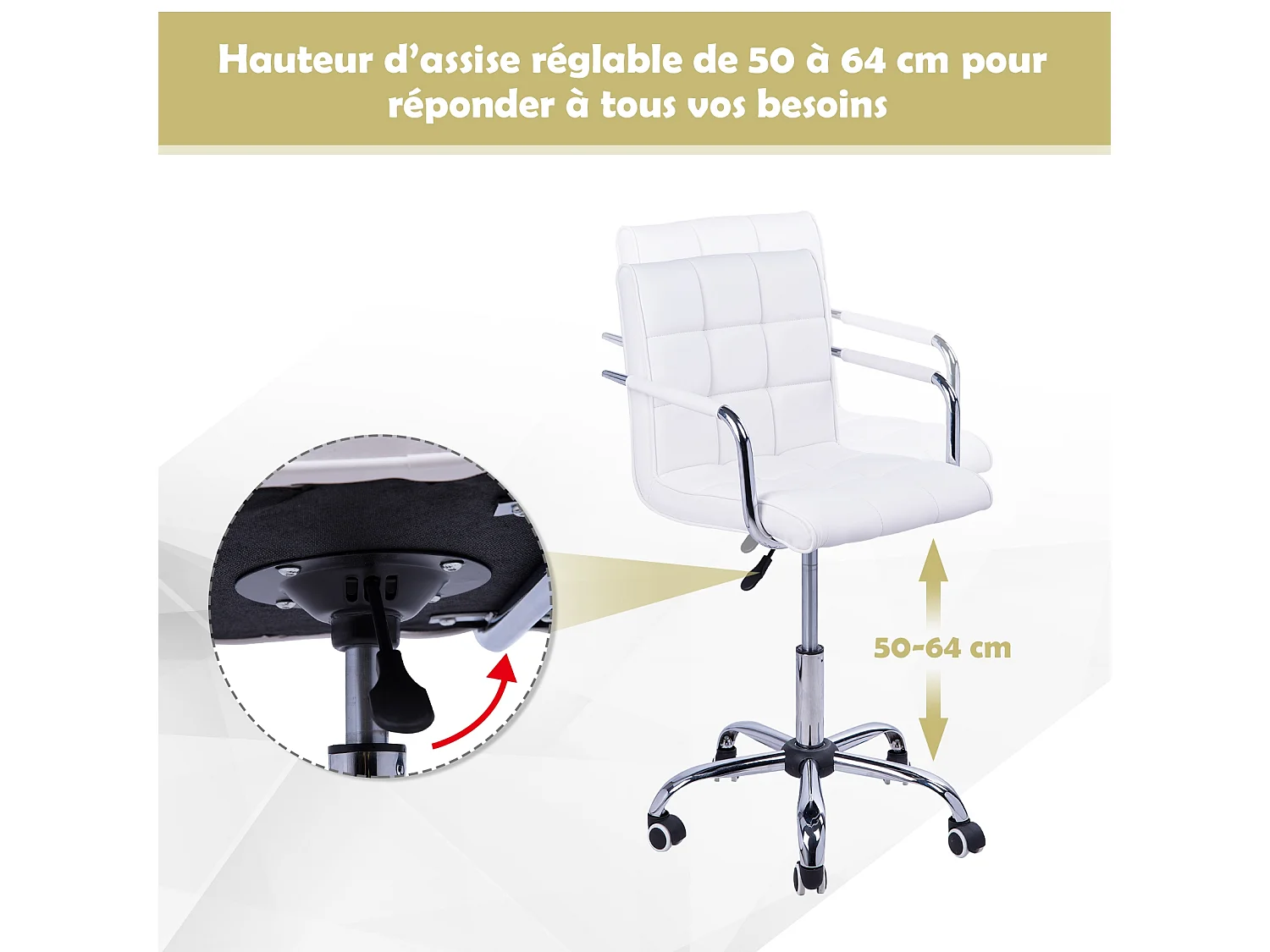 Chaise de bureau fauteuil manager pivotant hauteur réglable revêtement synthétique capitonné blanc