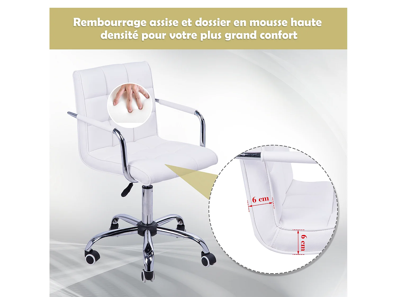 Chaise de bureau fauteuil manager pivotant hauteur réglable revêtement synthétique capitonné blanc