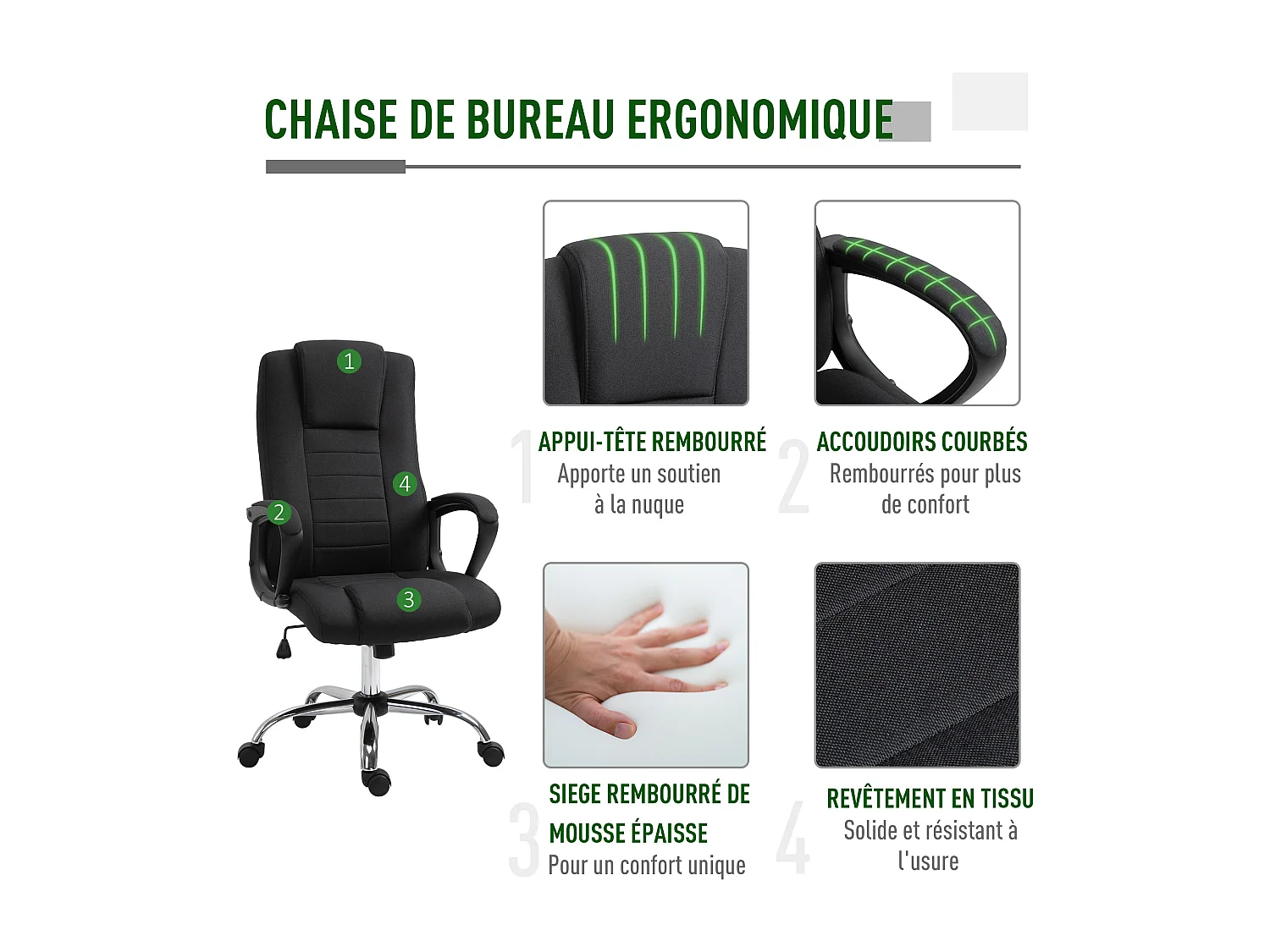 HOMCOM Fauteuil de bureau à roulettes chaise manager ergonomique pivotante hauteur réglable lin noir