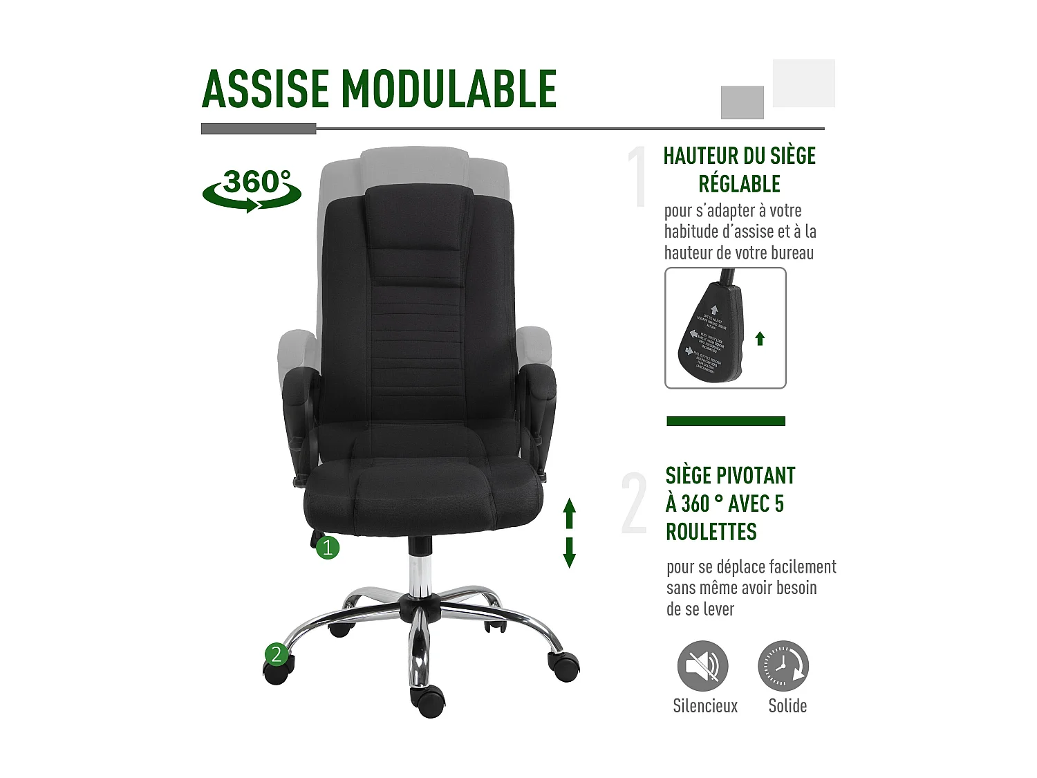 HOMCOM Fauteuil de bureau à roulettes chaise manager ergonomique pivotante hauteur réglable lin noir