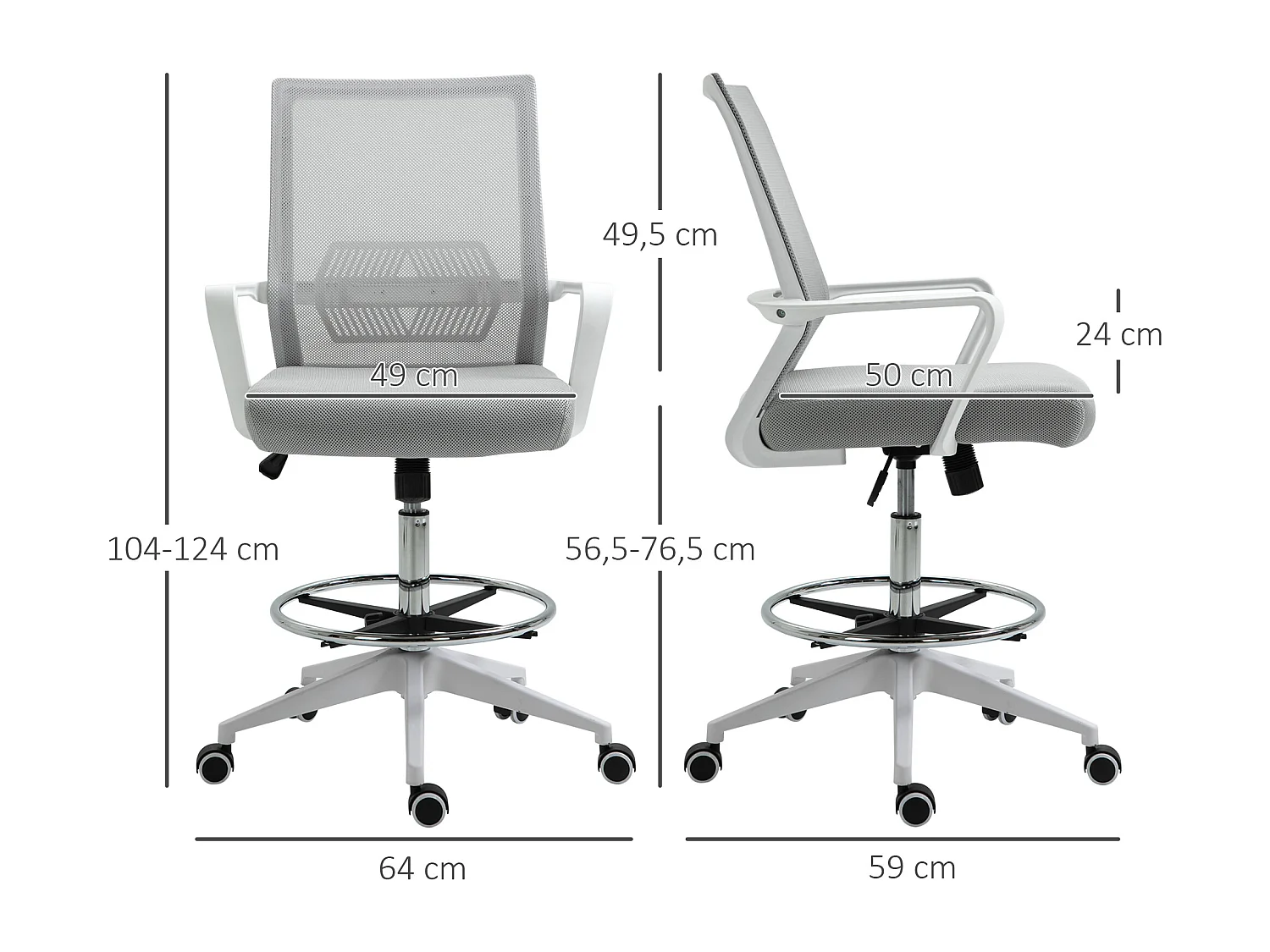 Fauteuil de bureau chaise de bureau assise haute réglable dim. 64L x 59l x 104-124H cm pivotant 360° maille respirante gris