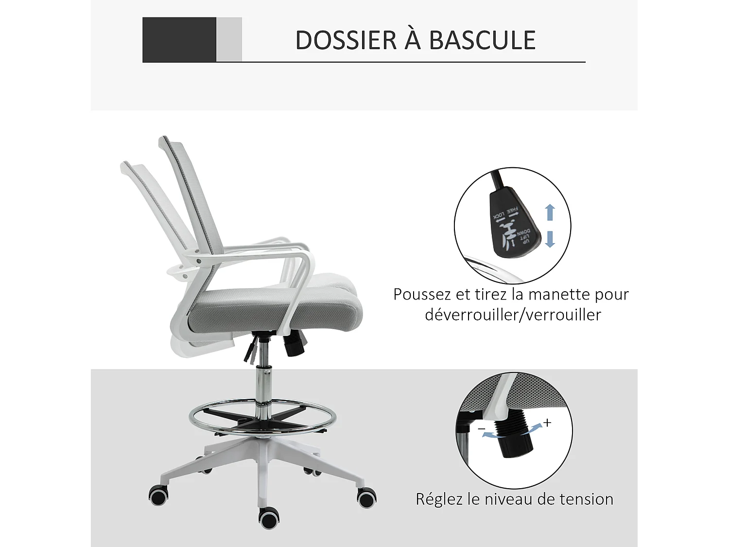 Fauteuil de bureau chaise de bureau assise haute réglable dim. 64L x 59l x 104-124H cm pivotant 360° maille respirante gris