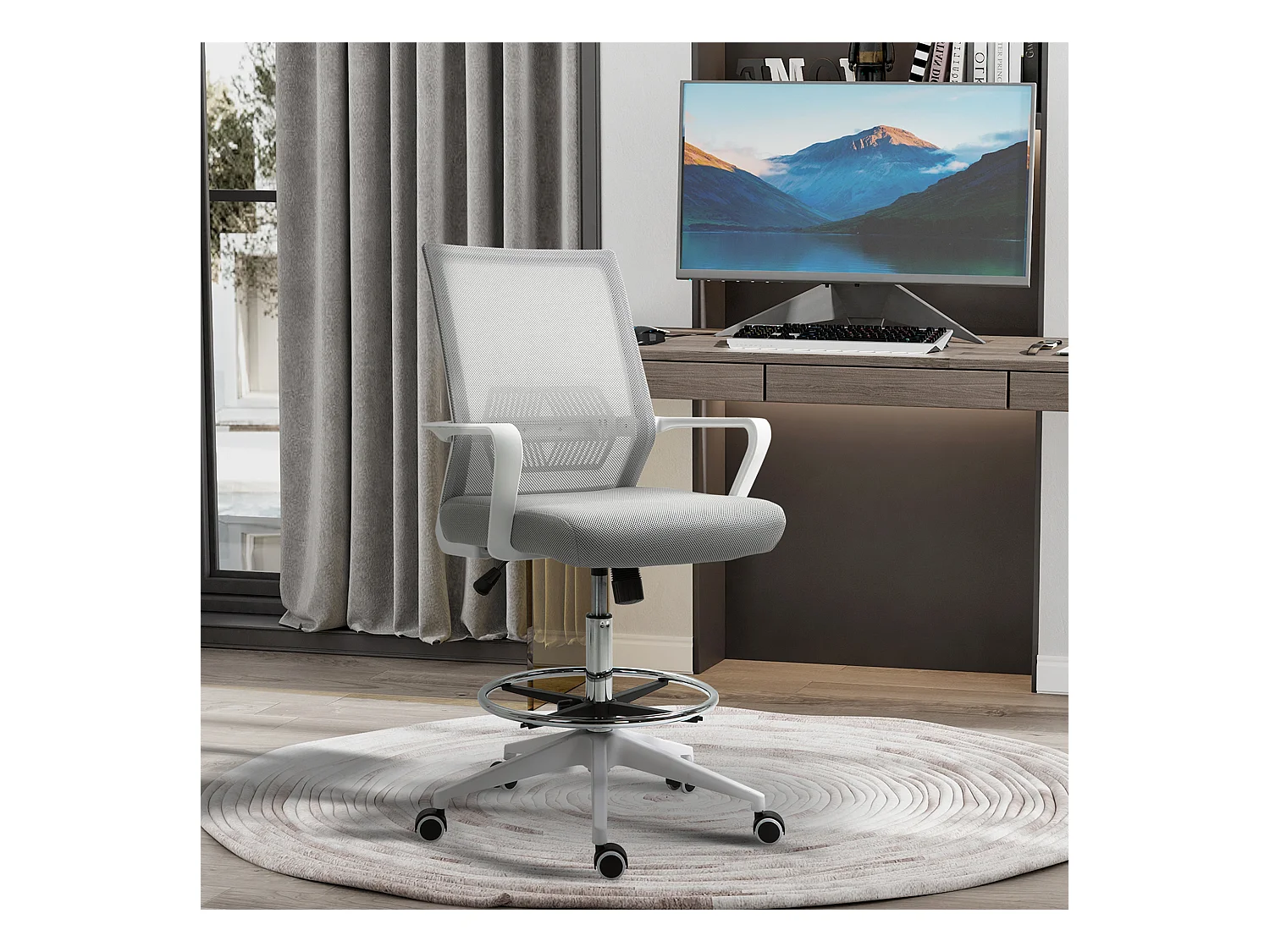 Fauteuil de bureau chaise de bureau assise haute réglable dim. 64L x 59l x 104-124H cm pivotant 360° maille respirante gris