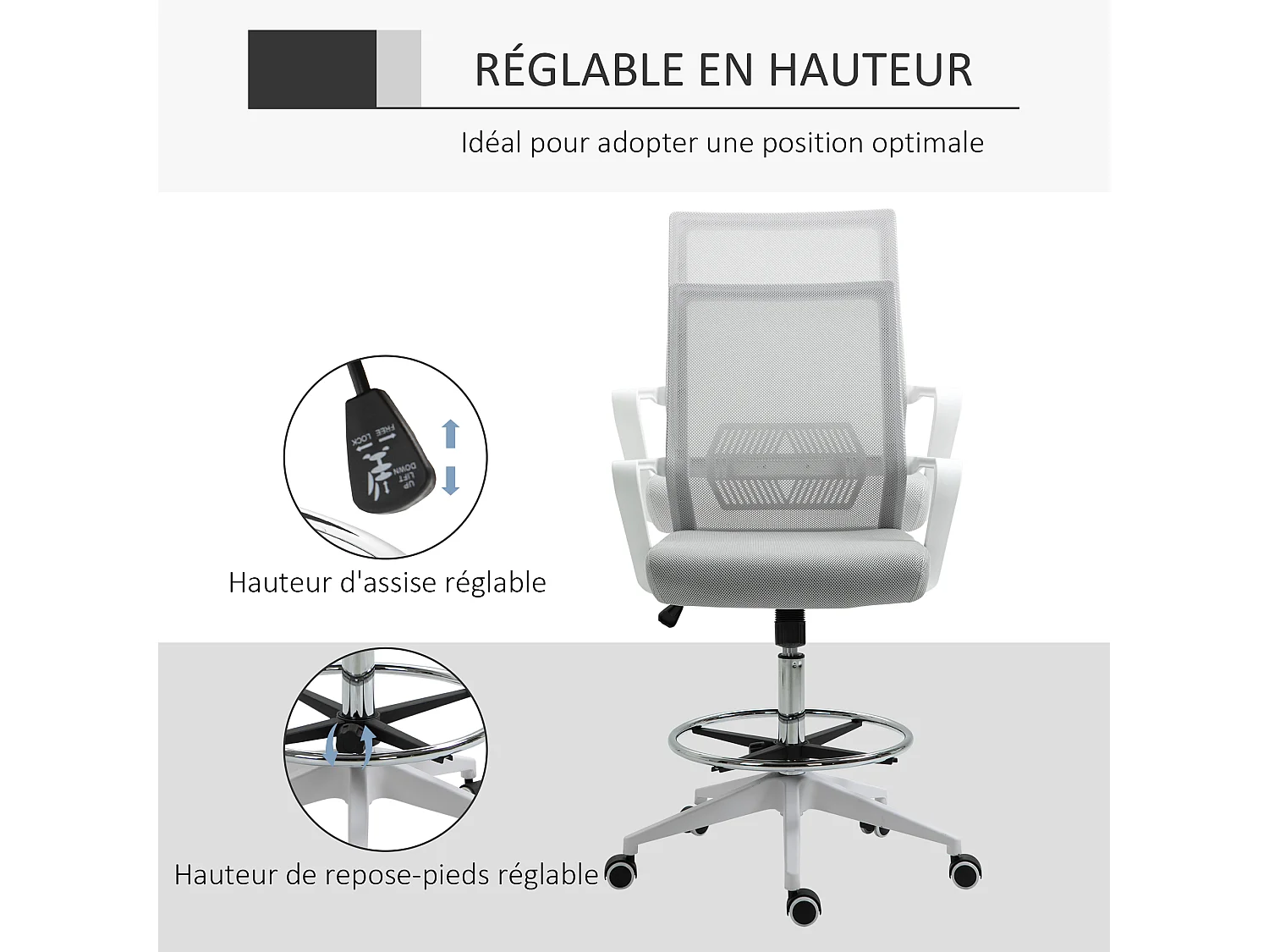Fauteuil de bureau chaise de bureau assise haute réglable dim. 64L x 59l x 104-124H cm pivotant 360° maille respirante gris