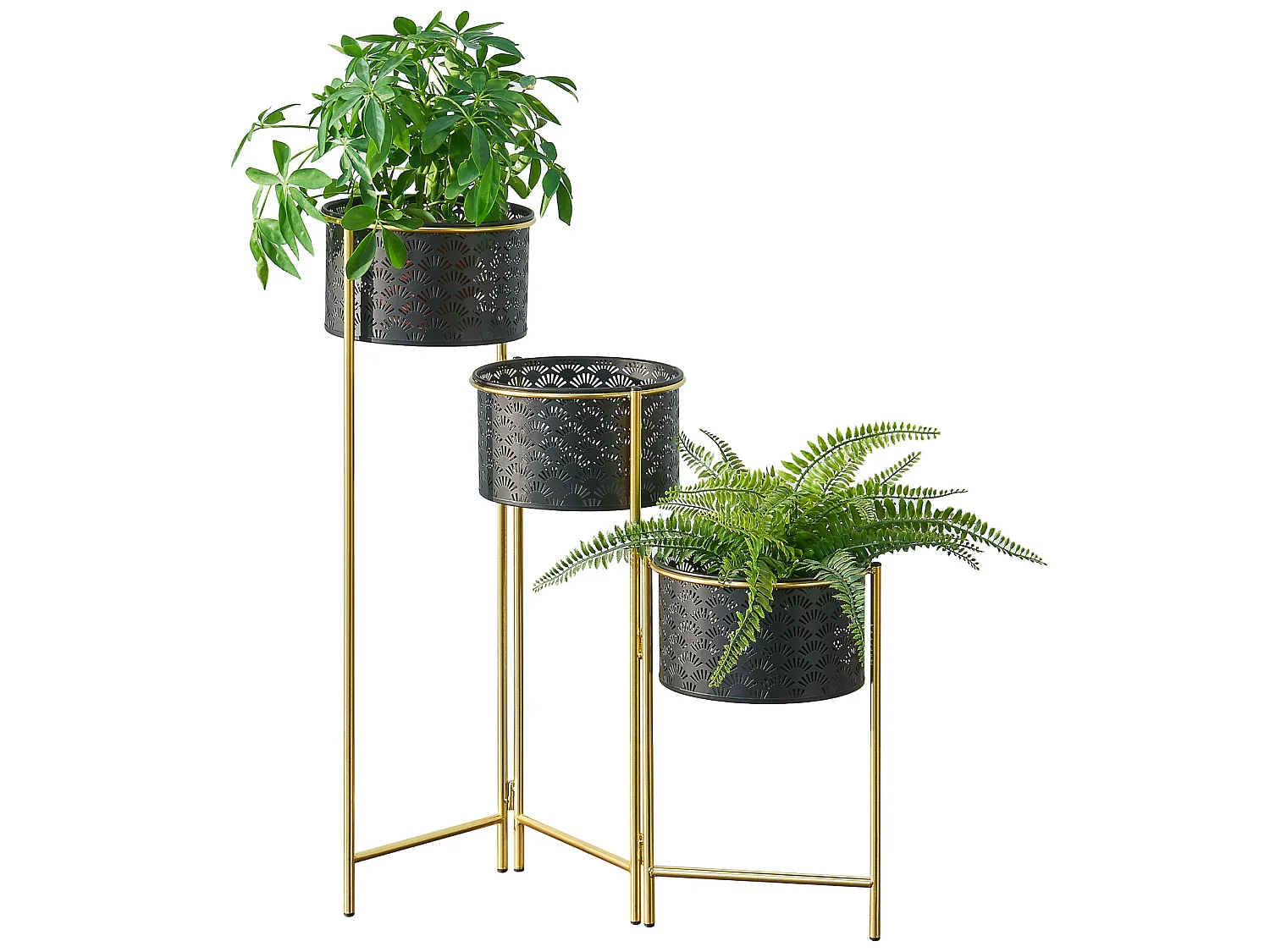 Support de plante (à 3 cache-pots) Kieldrecht métal noir laiton [en.casa]