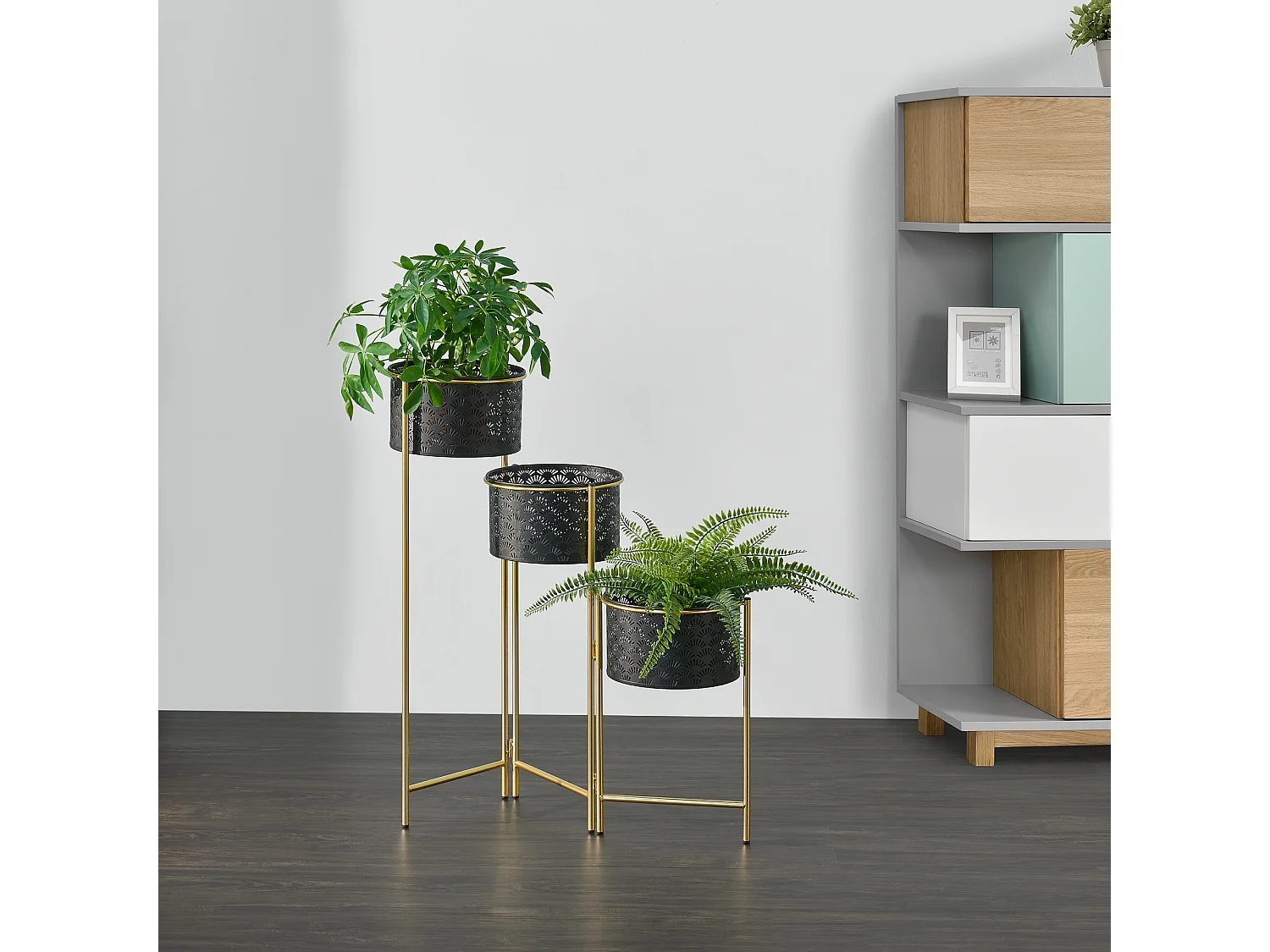 Support de plante (à 3 cache-pots) Kieldrecht métal noir laiton [en.casa]