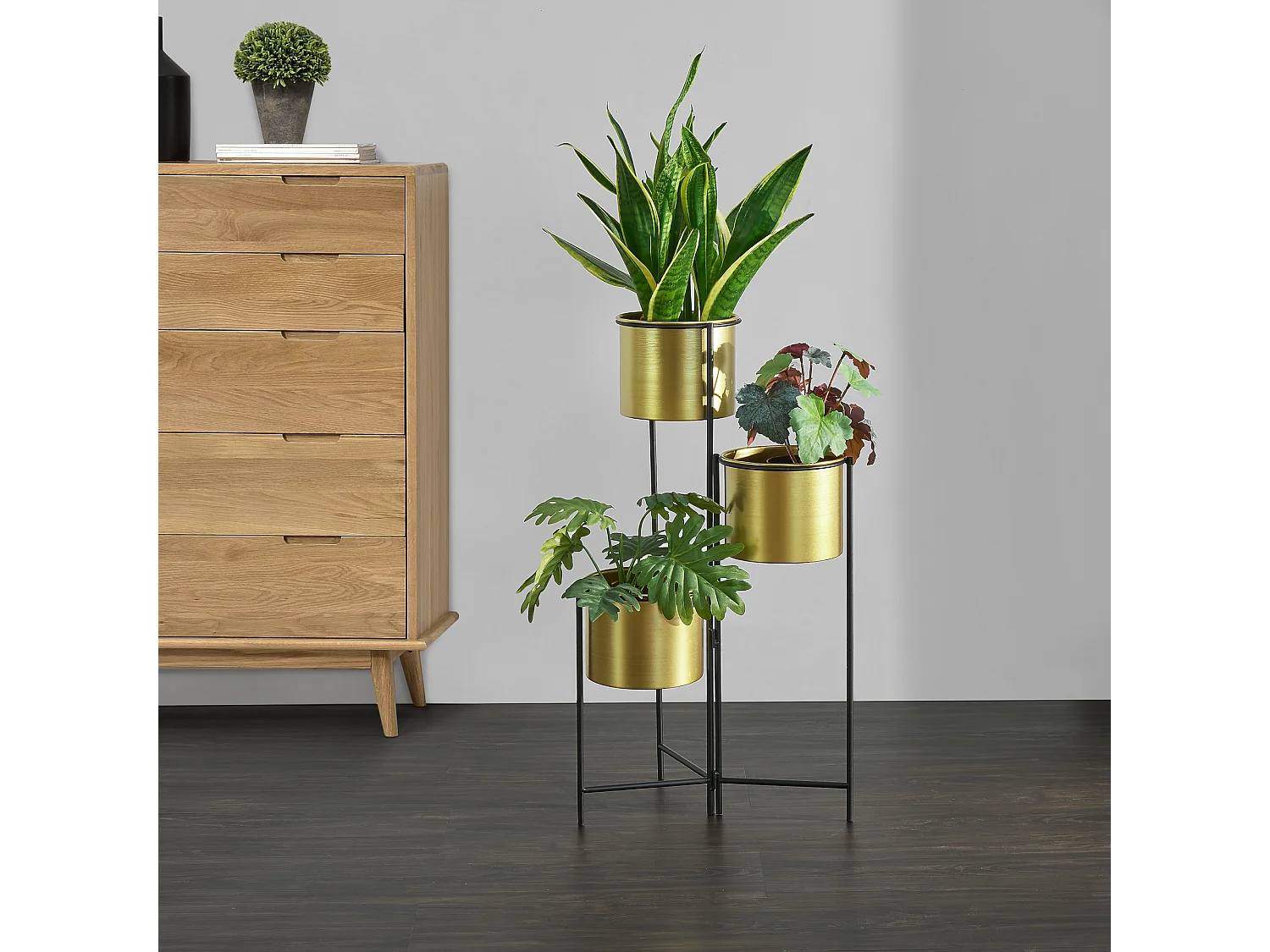 Support de plante (à 3 cache-pots) Haasdonk laiton noir [en.casa]