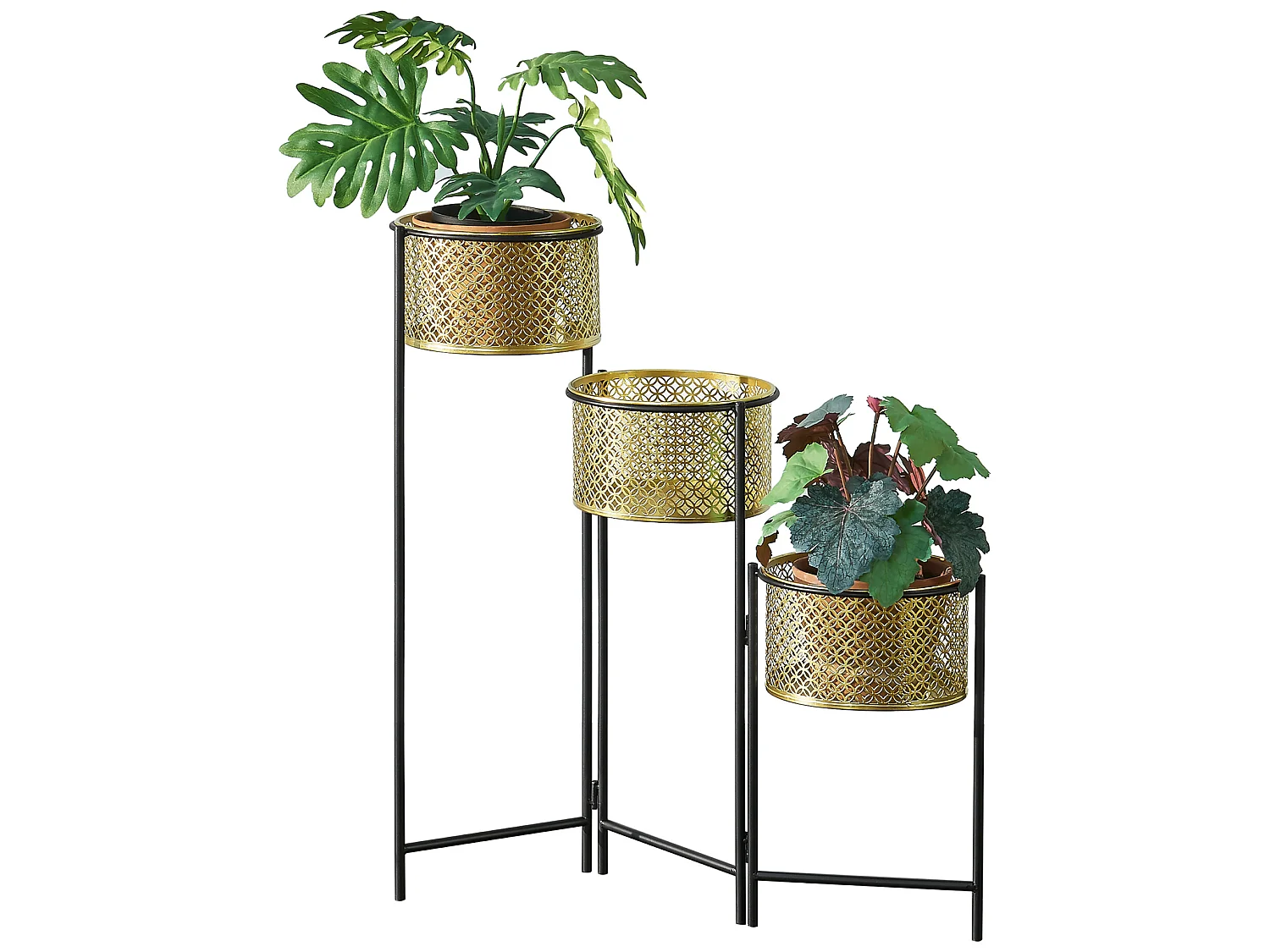 Support de plante (à 3 cache-pots) Doel pliable noir laiton [en.casa]