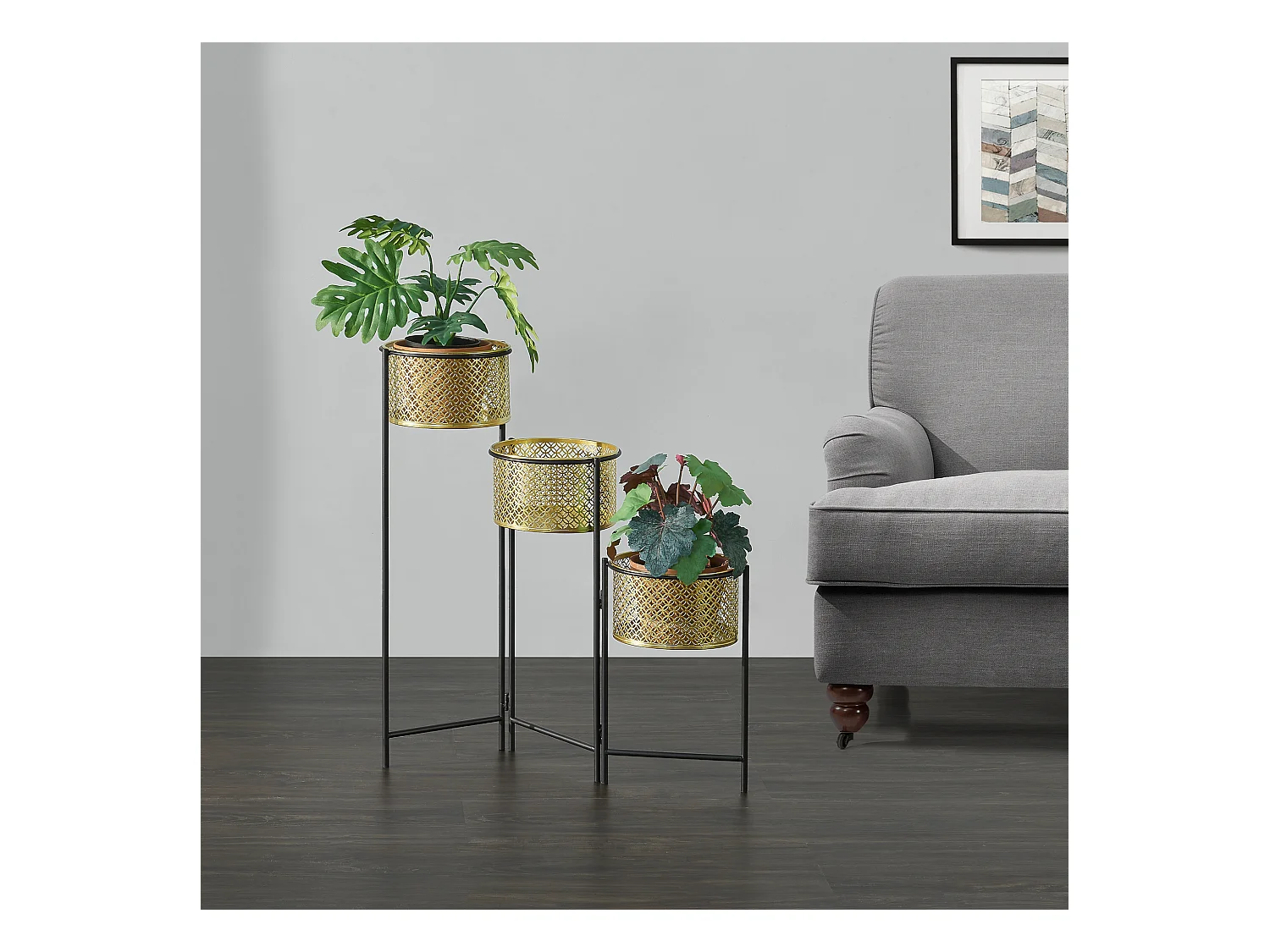 Support de plante (à 3 cache-pots) Doel pliable noir laiton [en.casa]