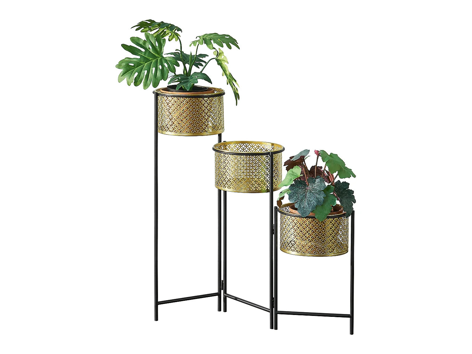 Support de plante (à 3 cache-pots) Doel pliable noir laiton [en.casa]