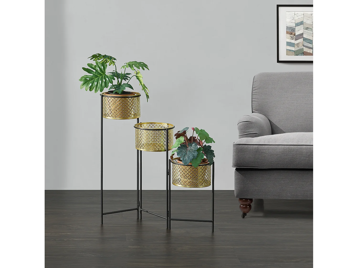 Support de plante (à 3 cache-pots) Doel pliable noir laiton [en.casa]