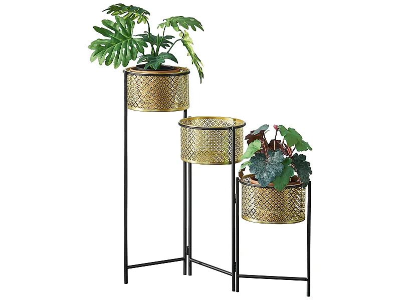 Support de plante (à 3 cache-pots) Doel pliable noir laiton [en.casa]