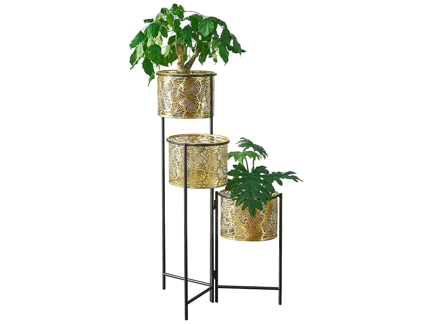 Support de plante (à 3 cache-pots) Verrebroek métal laiton noir [en.casa]