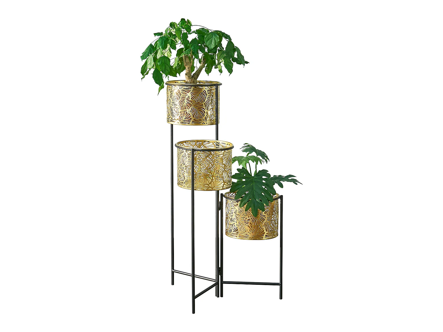 Support de plante (à 3 cache-pots) Verrebroek métal laiton noir [en.casa]