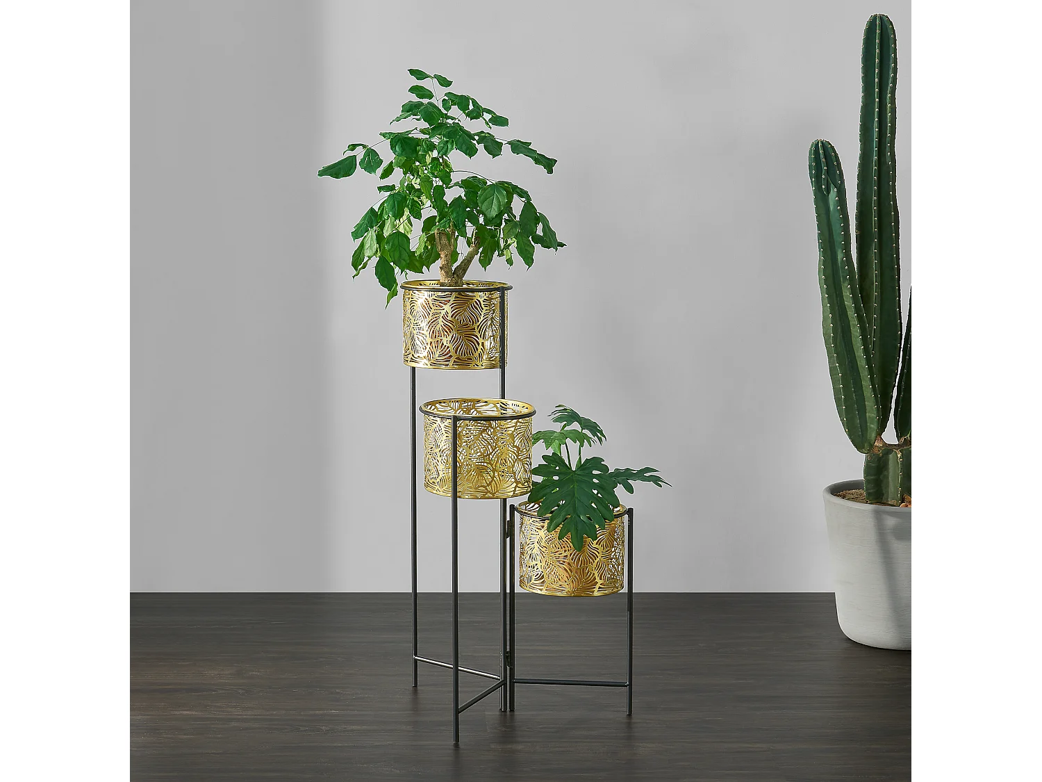 Support de plante (à 3 cache-pots) Verrebroek métal laiton noir [en.casa]