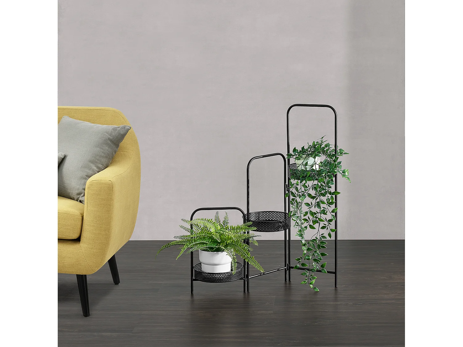 Support de plante (à 3 cache-pots) Vrasene métal noir [en.casa]