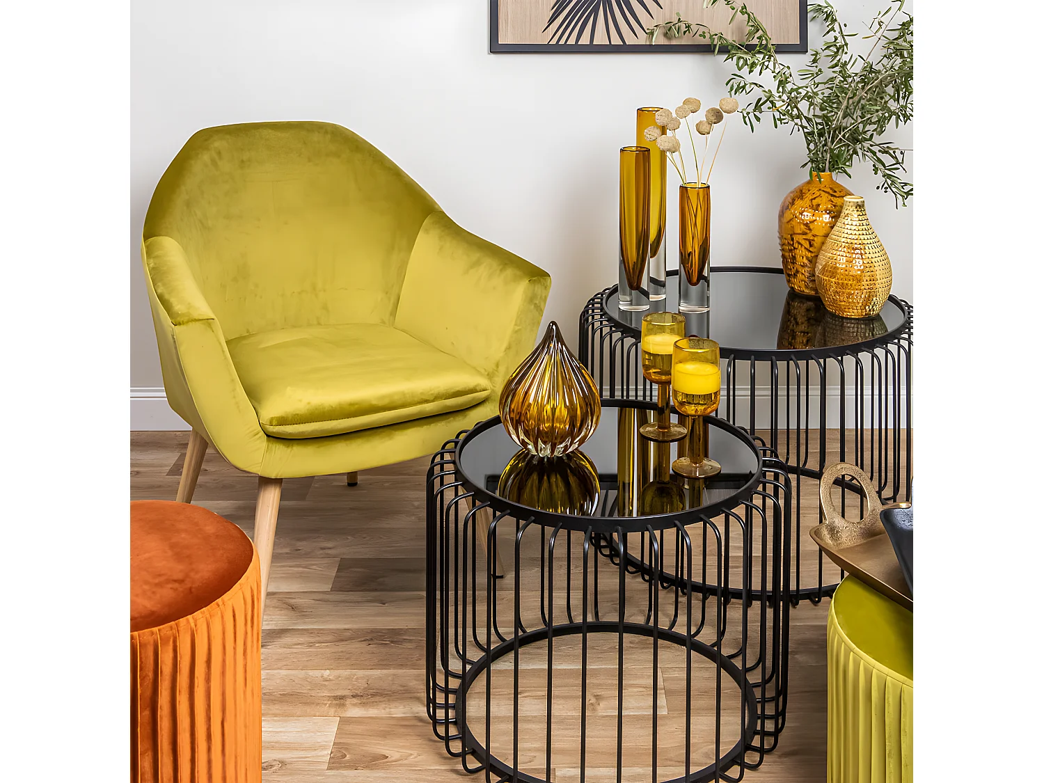 Set de 2 tables basses rondes métal noir et verre