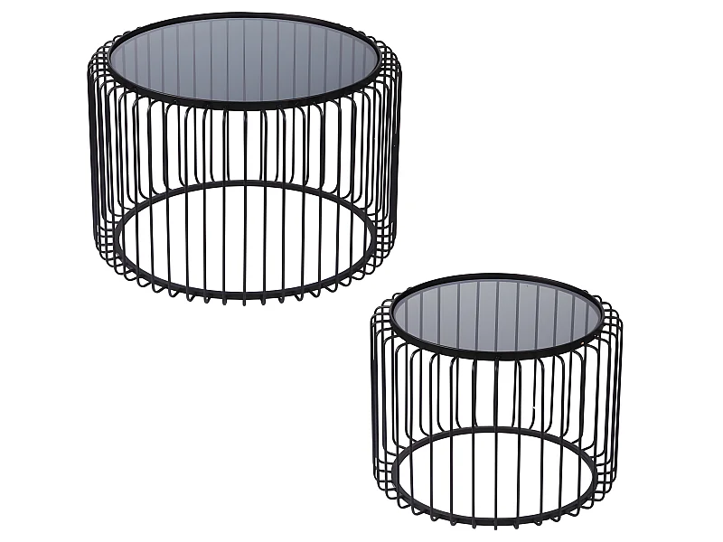 Set de 2 tables basses rondes métal noir et verre