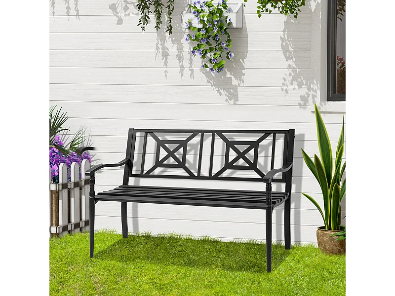 Banc de jardin 2 places style fer forgé dim. 128L x 62.5l x 81.5H cm piètement avant effilé accoudoirs courbés métal thermolaqué anticorrosion noir