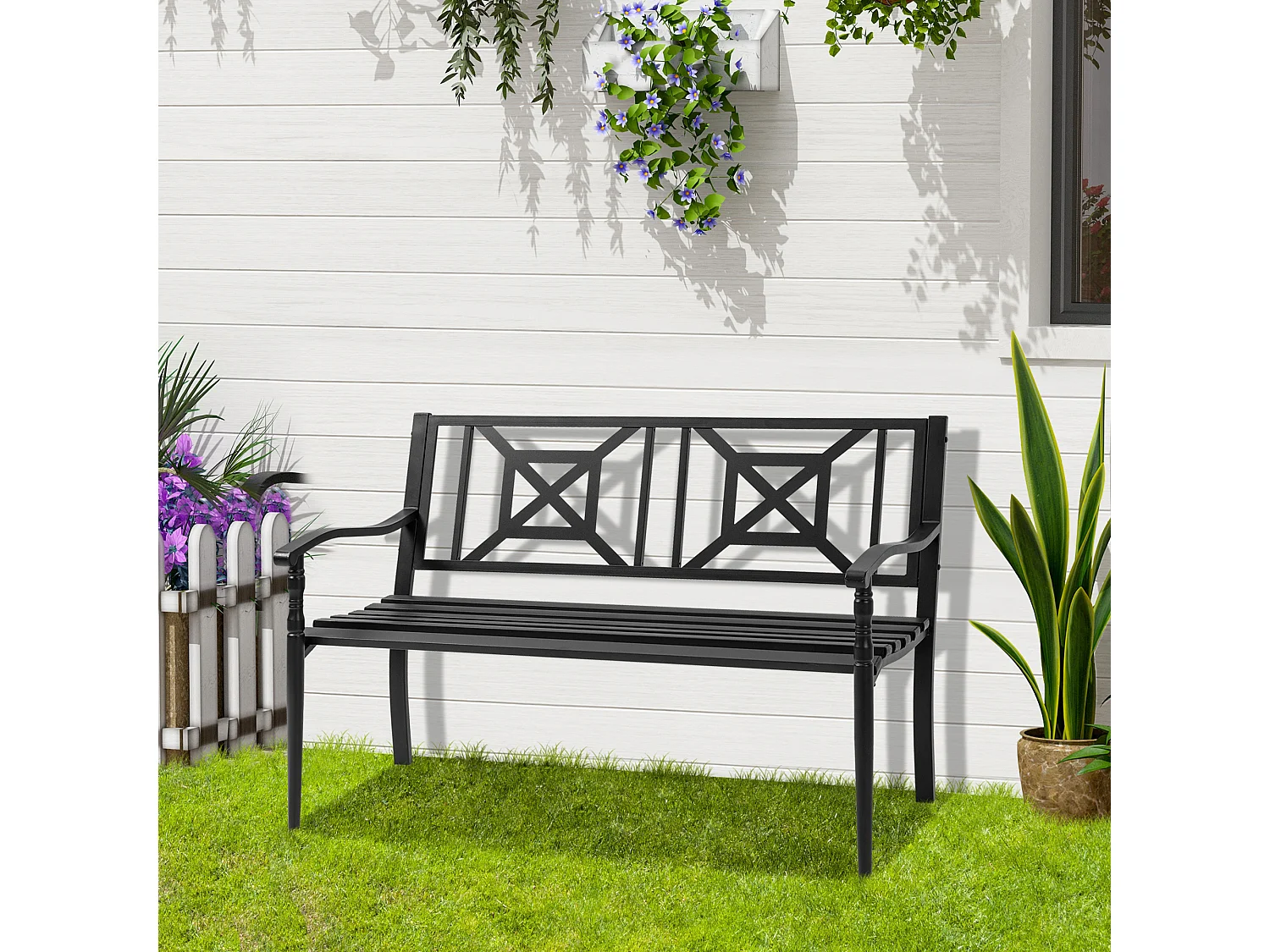 Banc de jardin 2 places style fer forgé dim. 128L x 62.5l x 81.5H cm piètement avant effilé accoudoirs courbés métal thermolaqué anticorrosion noir