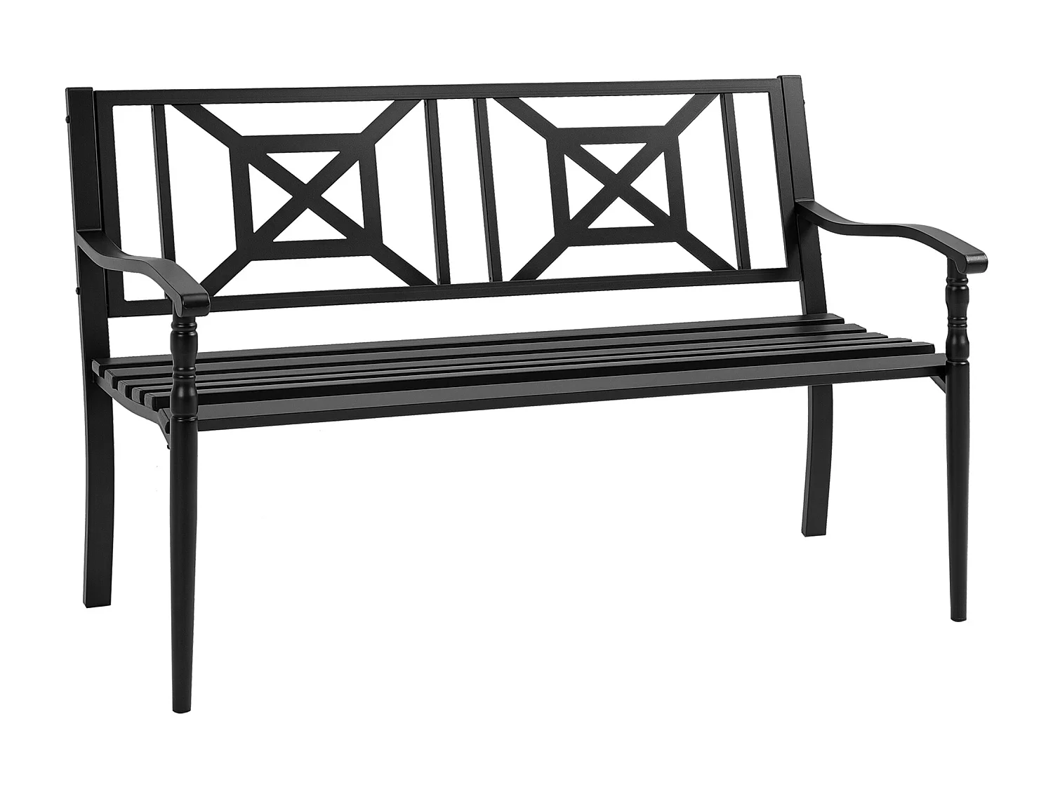 Banc de jardin 2 places style fer forgé dim. 128L x 62.5l x 81.5H cm piètement avant effilé accoudoirs courbés métal thermolaqué anticorrosion noir
