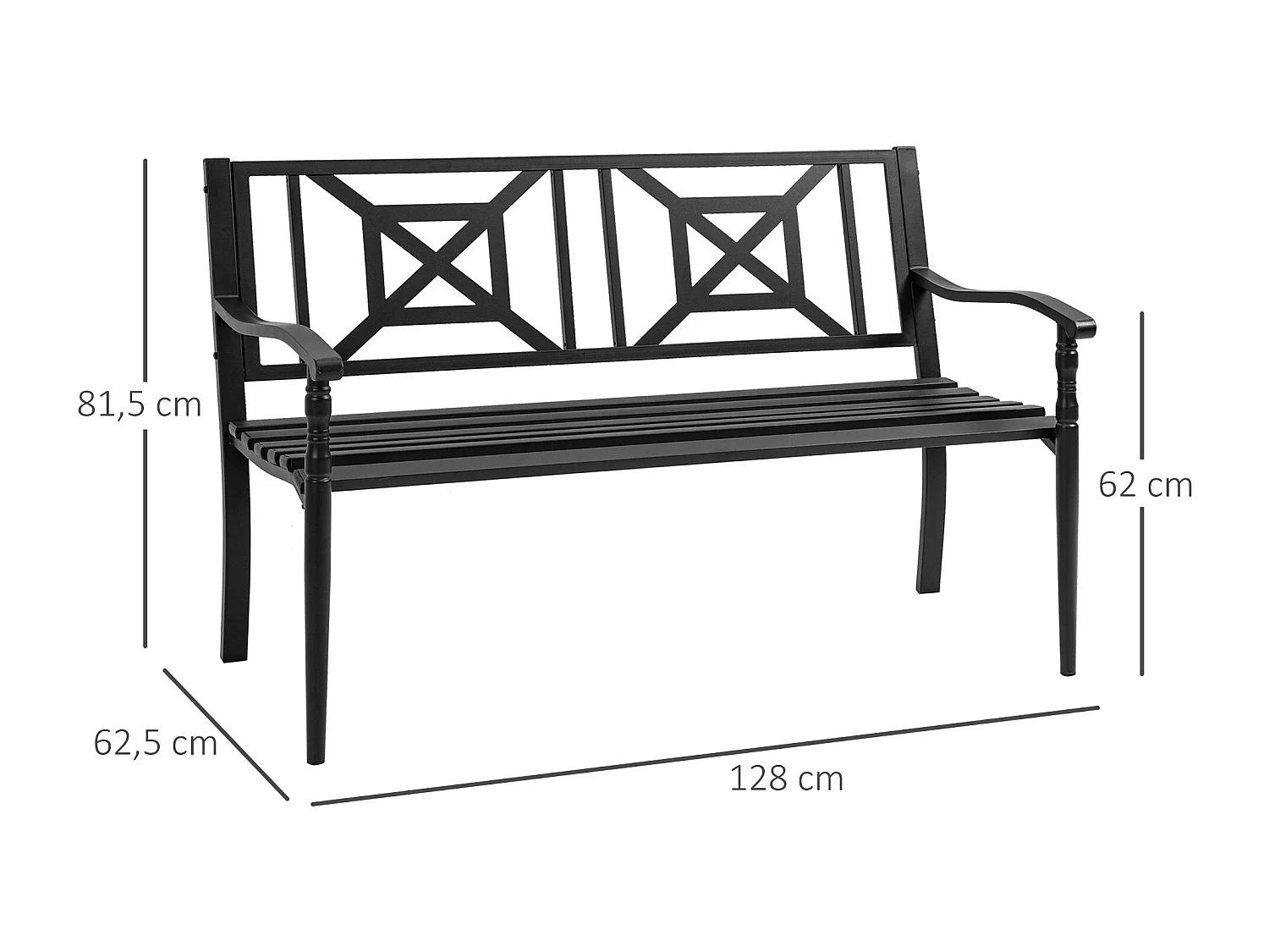 Banc de jardin 2 places style fer forgé dim. 128L x 62.5l x 81.5H cm piètement avant effilé accoudoirs courbés métal thermolaqué anticorrosion noir