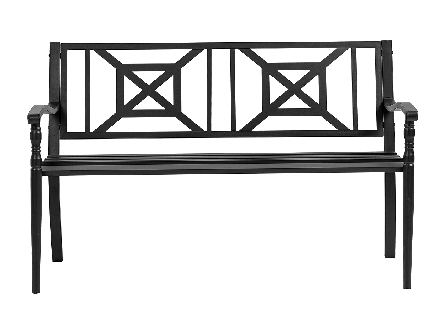 Banc de jardin 2 places style fer forgé dim. 128L x 62.5l x 81.5H cm piètement avant effilé accoudoirs courbés métal thermolaqué anticorrosion noir