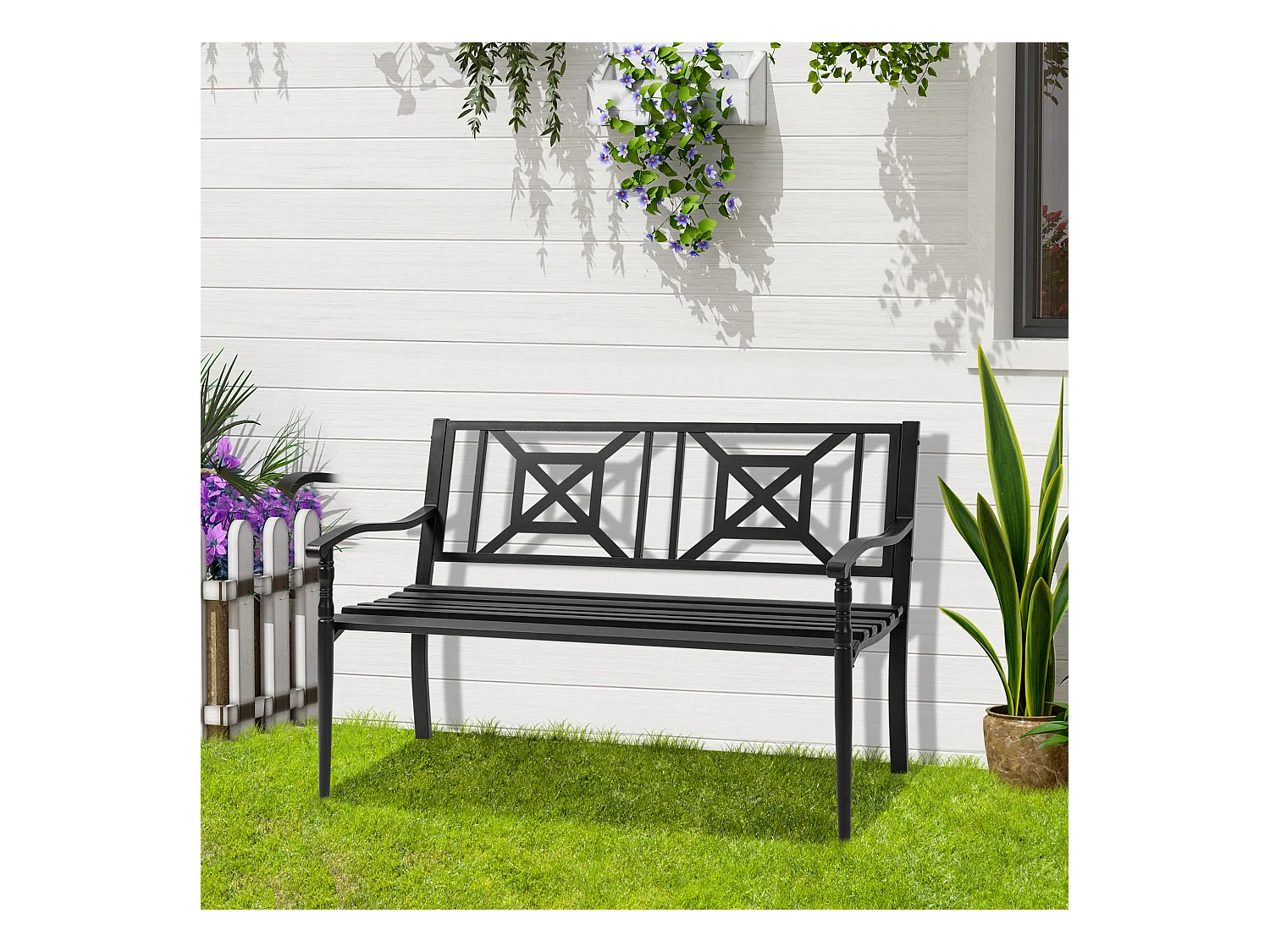Banc de jardin 2 places style fer forgé dim. 128L x 62.5l x 81.5H cm piètement avant effilé accoudoirs courbés métal thermolaqué anticorrosion noir