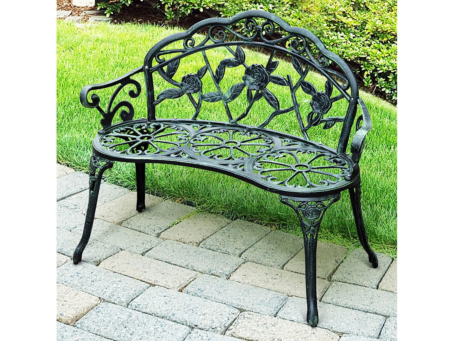 Banc de jardin 2 places style néo-rétro motif rose lignes fuselées 100L x 54l x 78H cm fonte d'aluminium vert vieilli