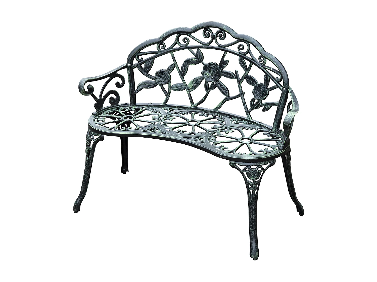 Banc de jardin 2 places style néo-rétro motif rose lignes fuselées 100L x 54l x 78H cm fonte d'aluminium vert vieilli