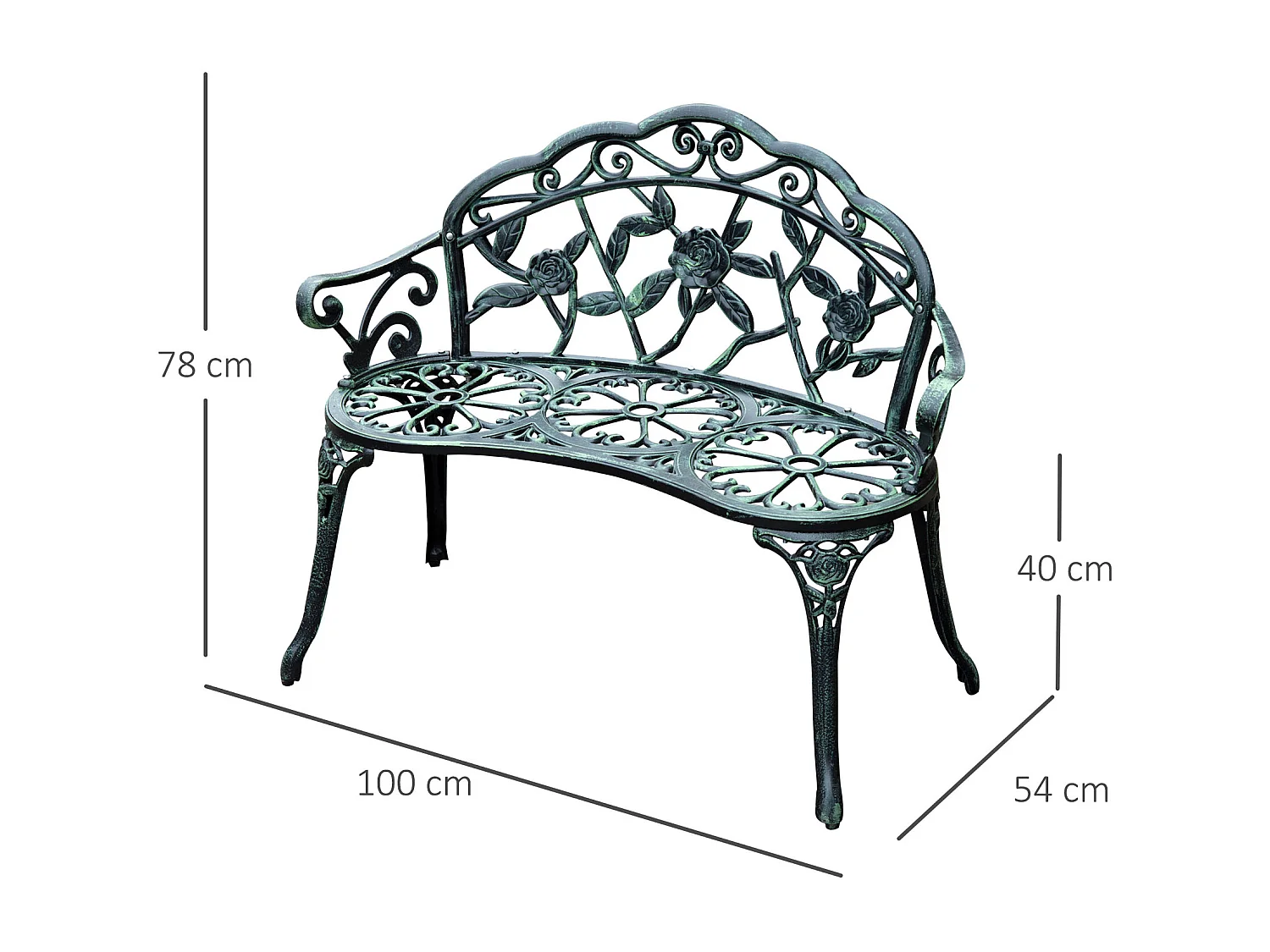 Banc de jardin 2 places style néo-rétro motif rose lignes fuselées 100L x 54l x 78H cm fonte d'aluminium vert vieilli