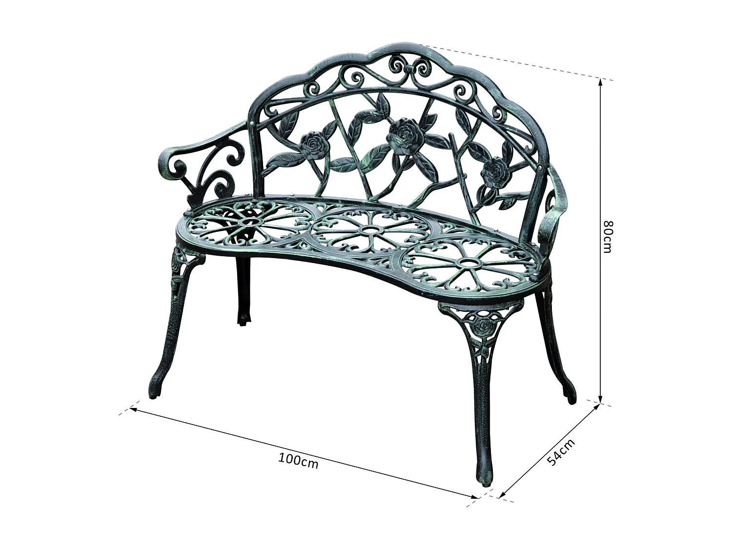 Banc de jardin 2 places style néo-rétro motif rose lignes fuselées 100L x 54l x 78H cm fonte d'aluminium vert vieilli