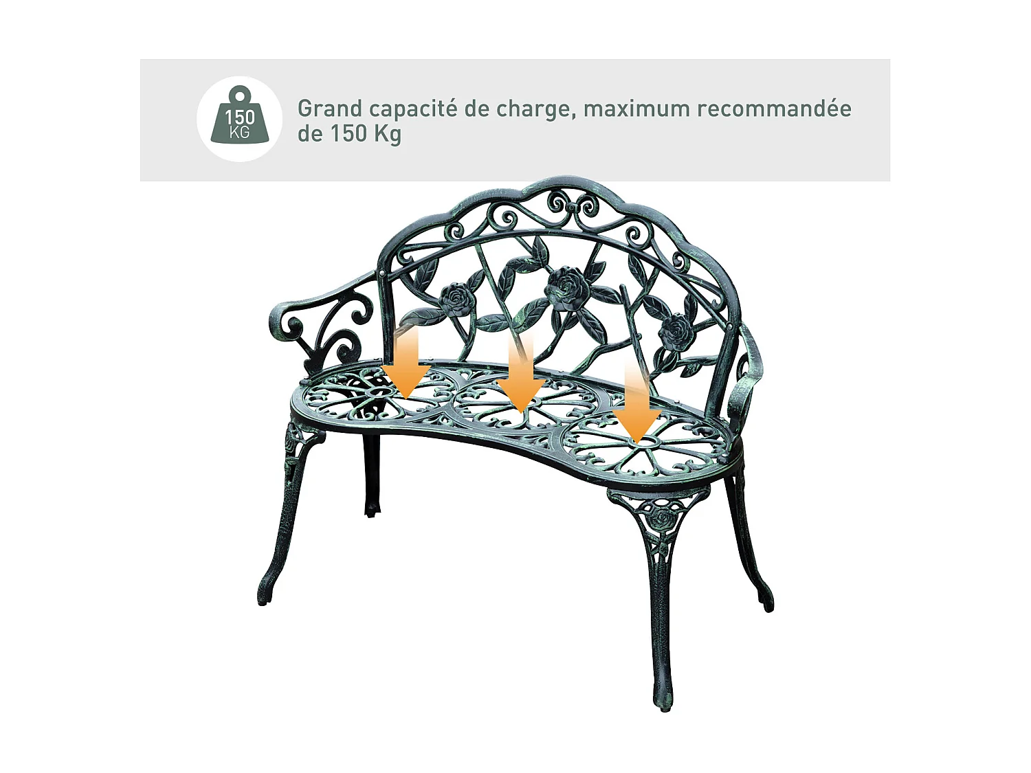 Banc de jardin 2 places style néo-rétro motif rose lignes fuselées 100L x 54l x 78H cm fonte d'aluminium vert vieilli