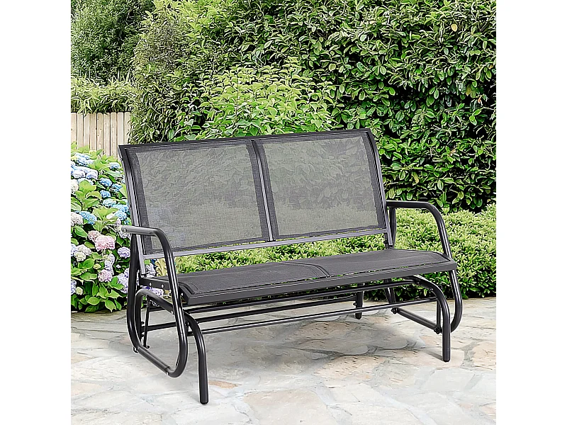 Banc à bascule de jardin 2 places design contemporain grand confort accoudoirs assise, dossier ergonomique acier textilène gris