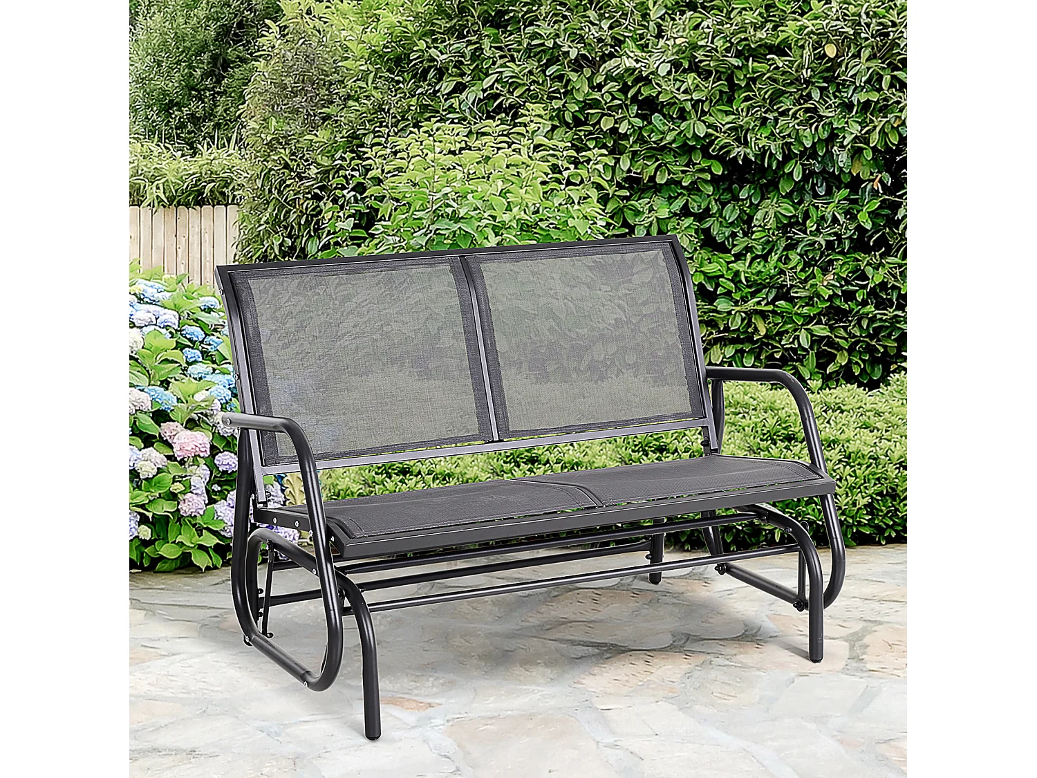 Banc à bascule de jardin 2 places design contemporain grand confort accoudoirs assise, dossier ergonomique acier textilène gris