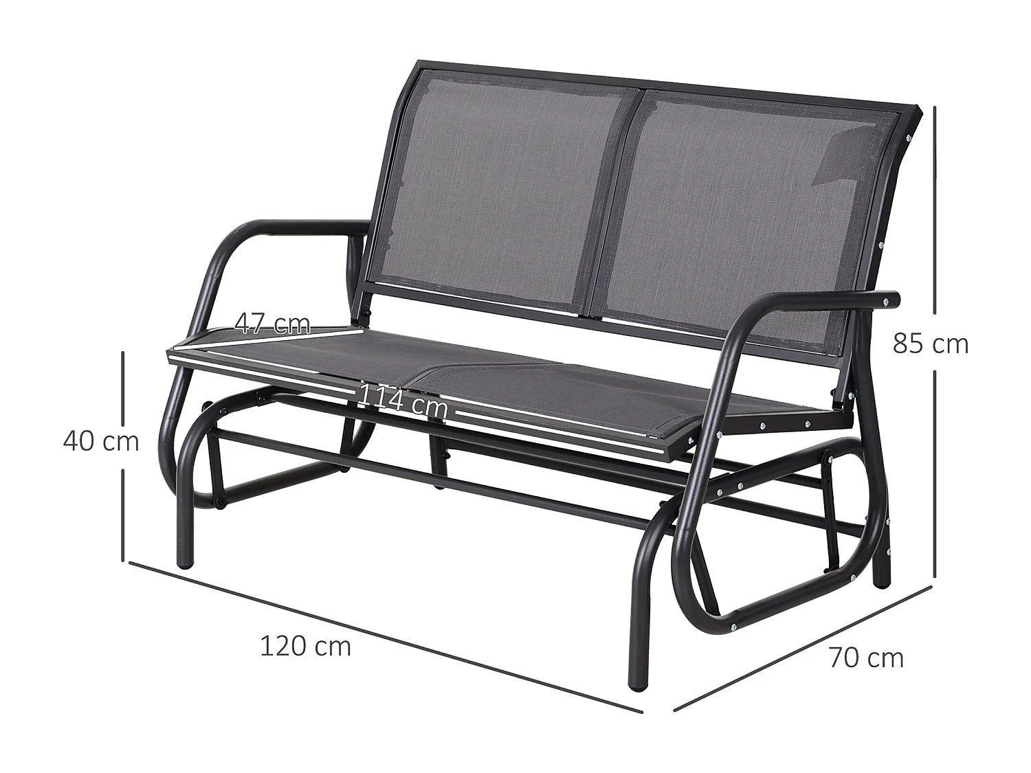 Banc à bascule de jardin 2 places design contemporain grand confort accoudoirs assise, dossier ergonomique acier textilène gris