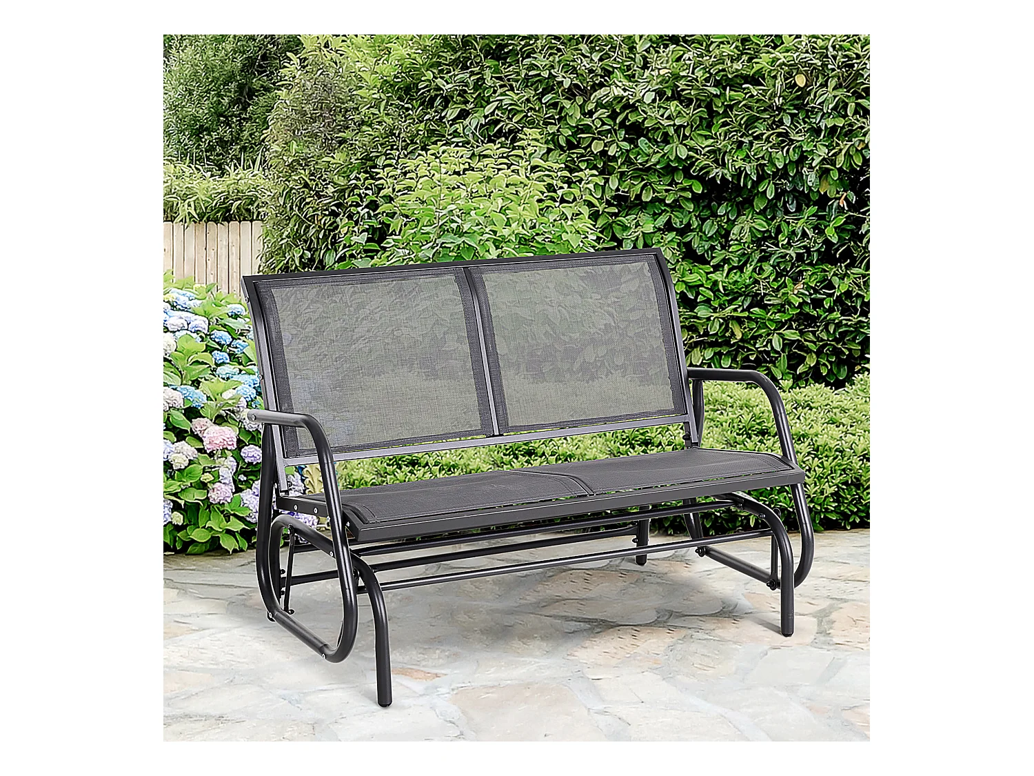Banc à bascule de jardin 2 places design contemporain grand confort accoudoirs assise, dossier ergonomique acier textilène gris
