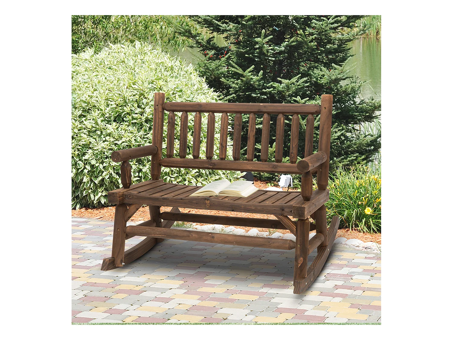 Banc à bascule de jardin 2 places style rural chic structure dossier accoudoirs aspect rondins de bois assise à lattes sapin traité carbonisation