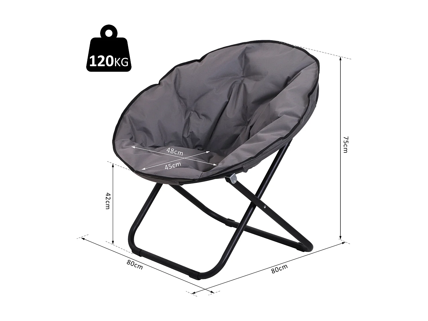 Loveuse fauteuil rond de jardin fauteuil lune papasan pliable grand confort 80L x 80l x 75H cm grand coussin fourni oxford gris