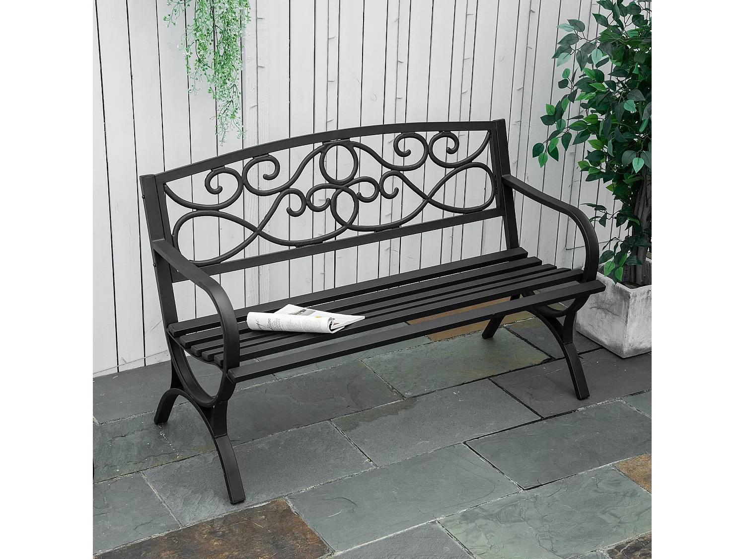 Banc de jardin 2 places style néo-rétro fer forgé dim. 128L x 58l x 85H cm acier époxy fonte noir