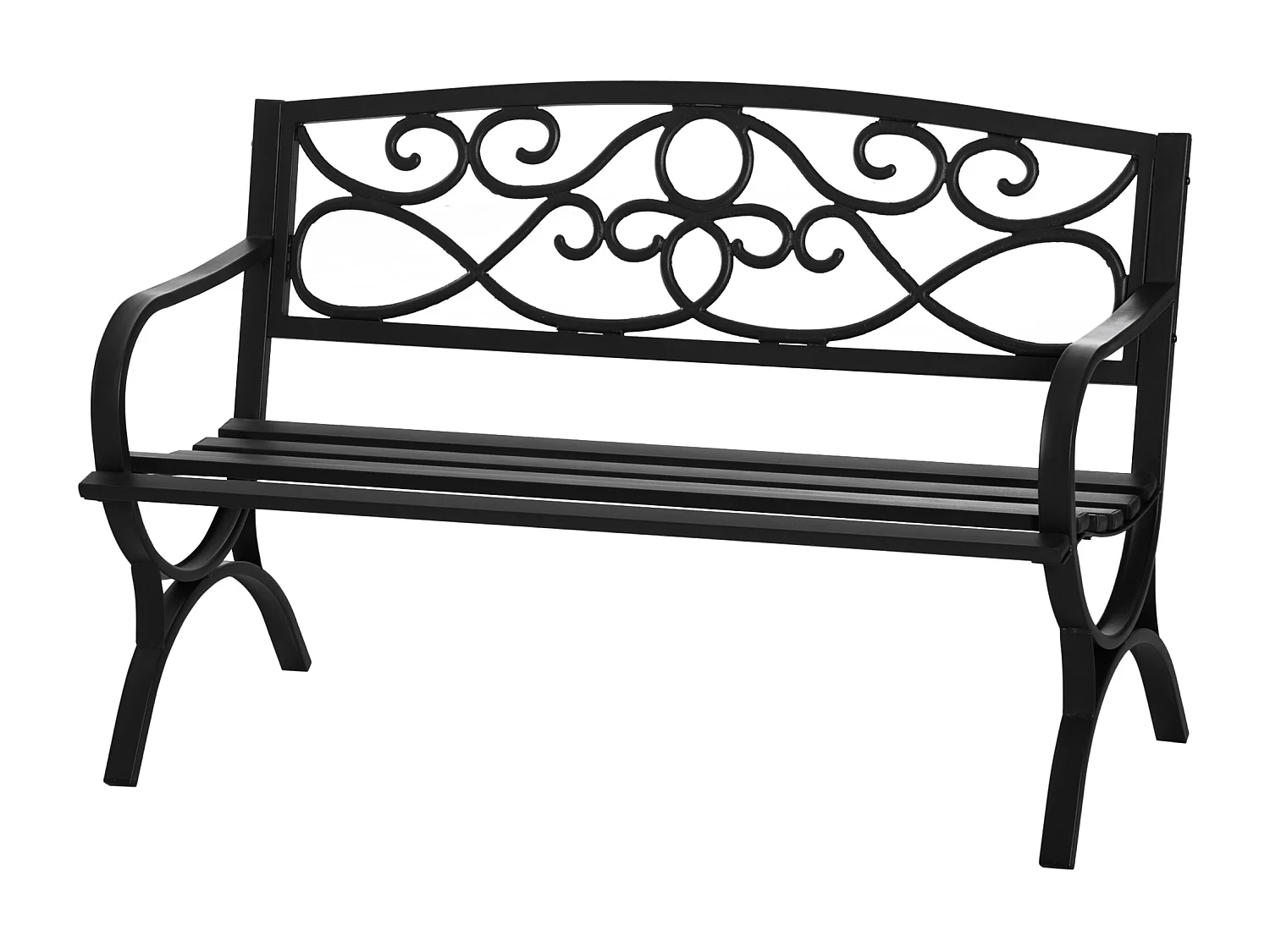 Banc de jardin 2 places style néo-rétro fer forgé dim. 128L x 58l x 85H cm acier époxy fonte noir
